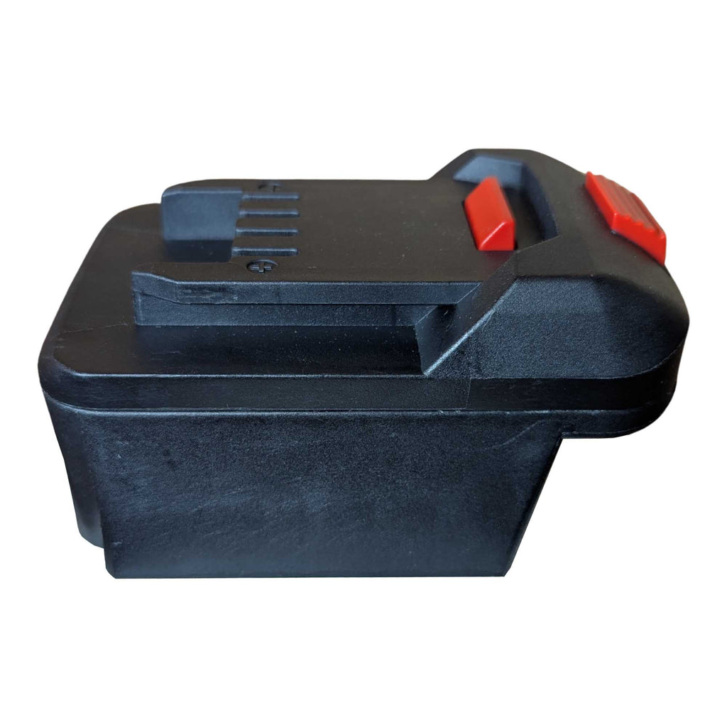 Milwaukee M18 to Parkside X20V battery adapter - side view showing both connections, tool-side rail above the pocket