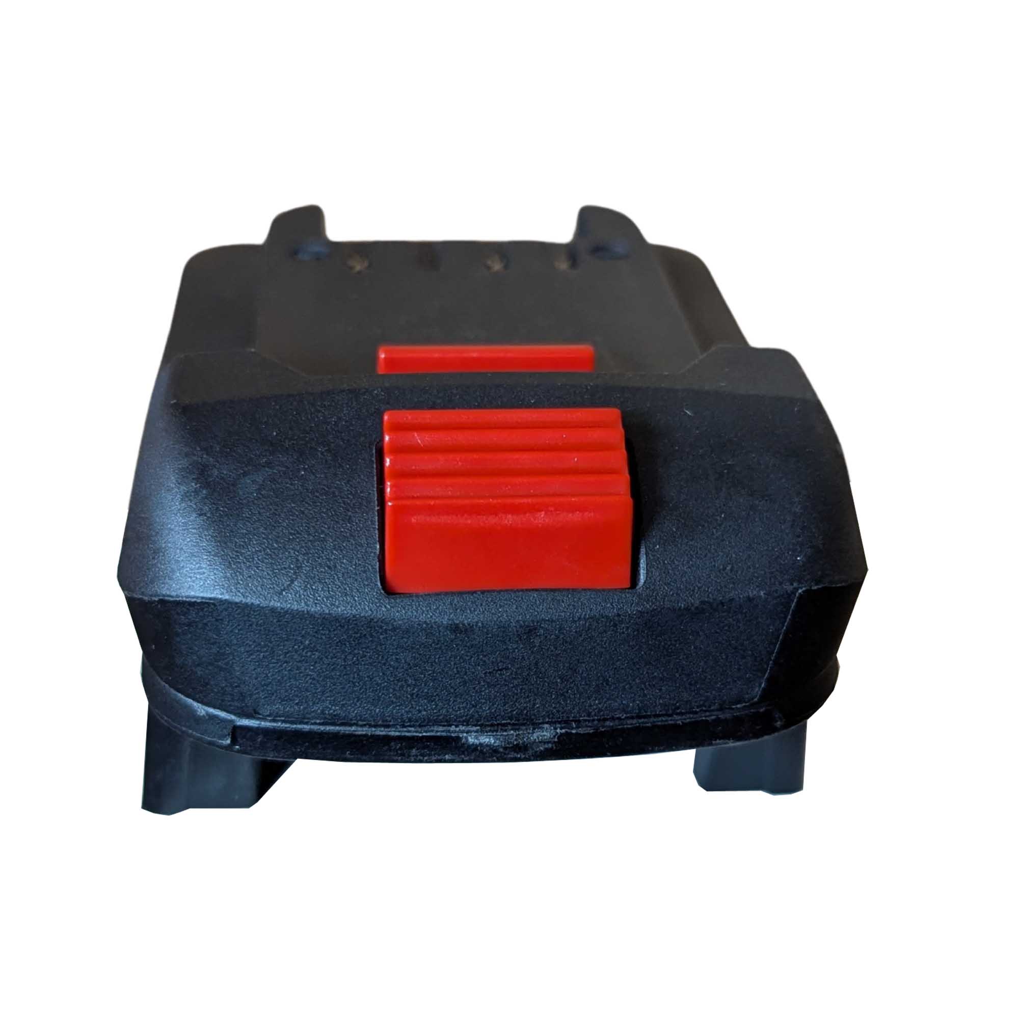 Milwaukee M18 to Parkside X20V battery adapter - front view of the ribbed release button and the tool-side latch tab