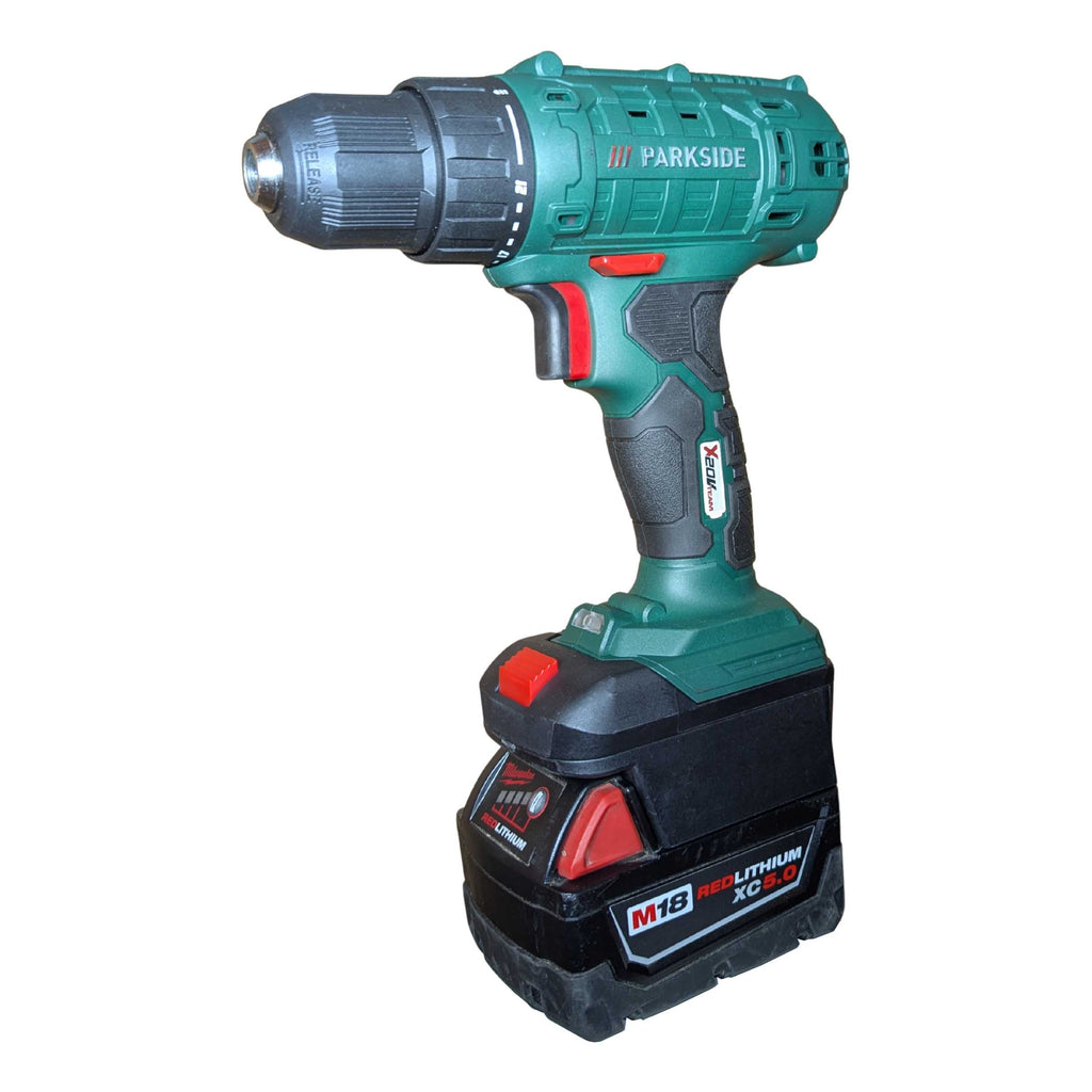Milwaukee M18 to Parkside X20V battery adapter - Parkside drill installed on the adapter over the battery, front view