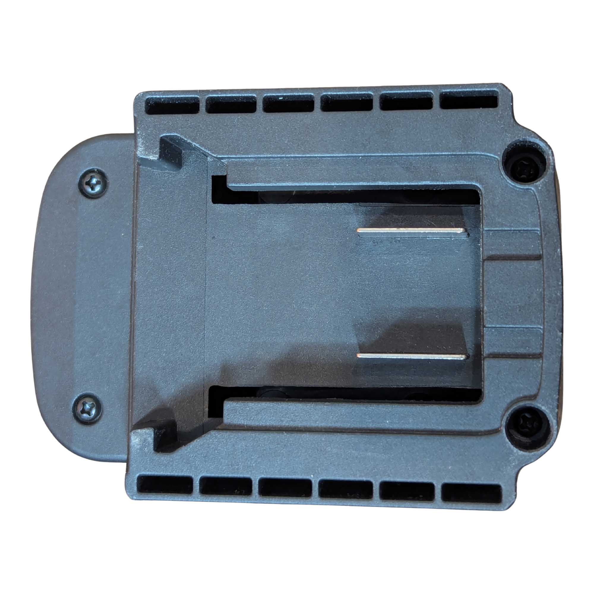 Milwaukee M18 to Parkside X20V battery adapter - Milwaukee battery-side connection, twin blade terminals in the rail channel