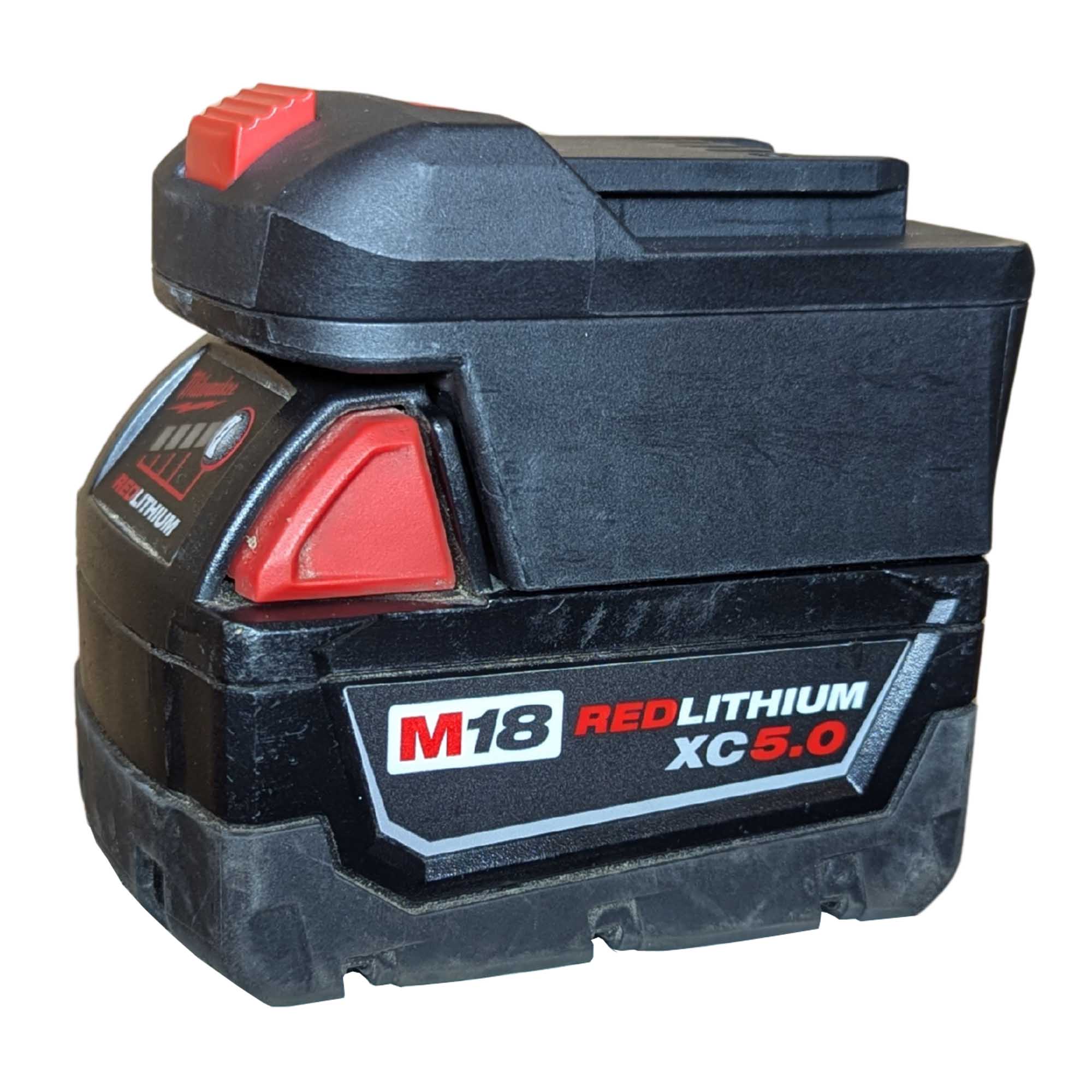 Milwaukee M18 to Parkside X20V battery adapter - fitted to the Milwaukee M18 battery, tool-side connection upward