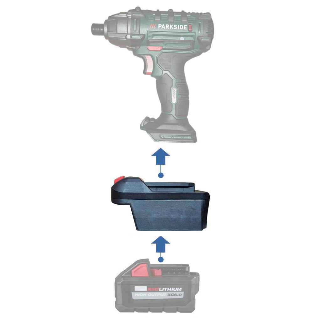 Milwaukee M18 to Parkside X20V battery adapter - compatibility diagram showing battery, adapter and impact driver