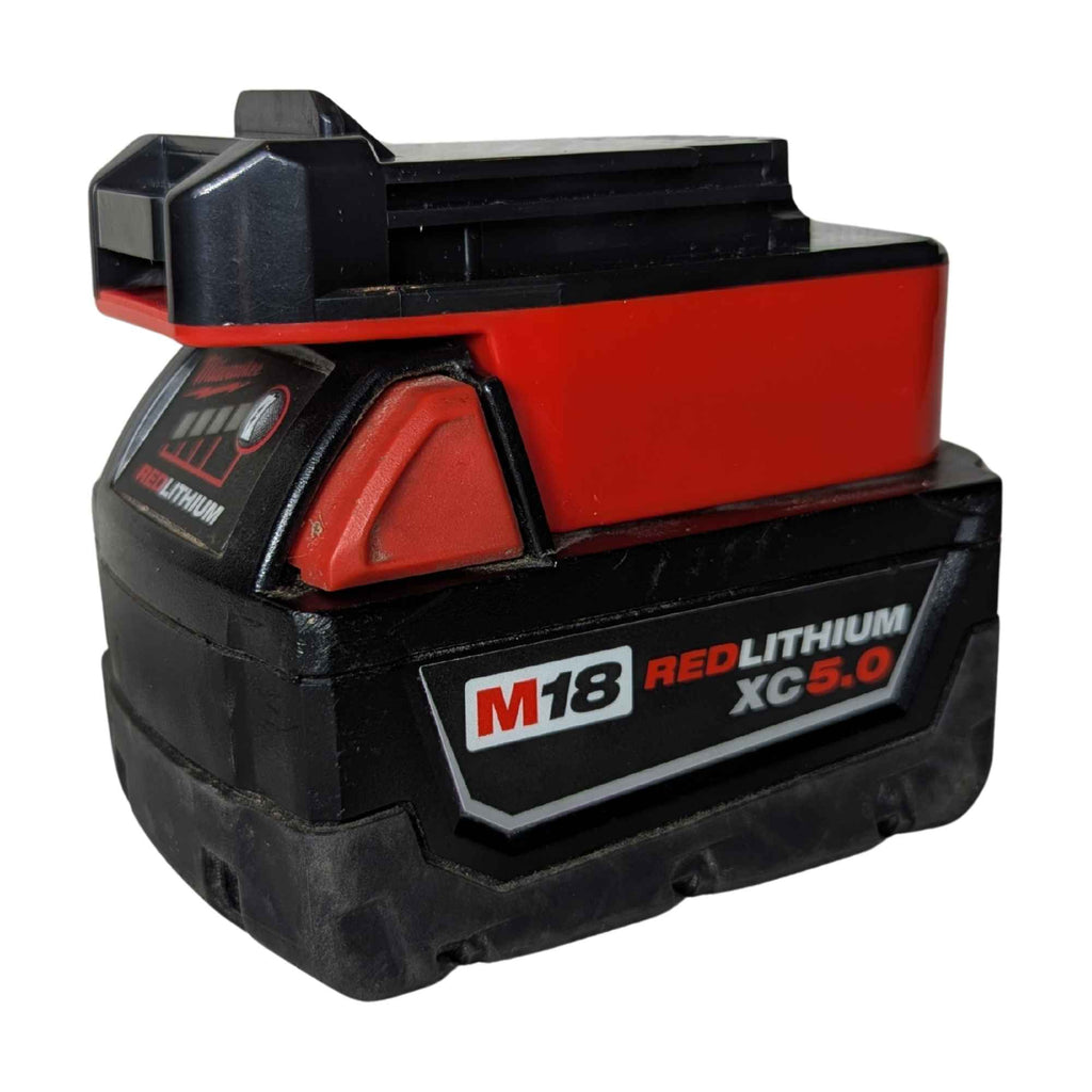 Milwaukee M18 to Porter Cable 20V battery adapter - fitted to the Milwaukee M18 battery, tool-side connection uppermost
