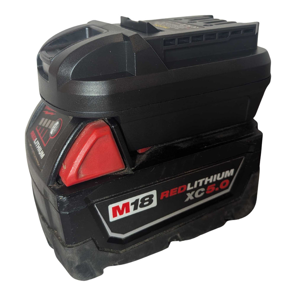 Milwaukee M18 to SKIL 20V PWR CORE battery adapter - fitted to the Milwaukee M18 battery, tool-side rails upward