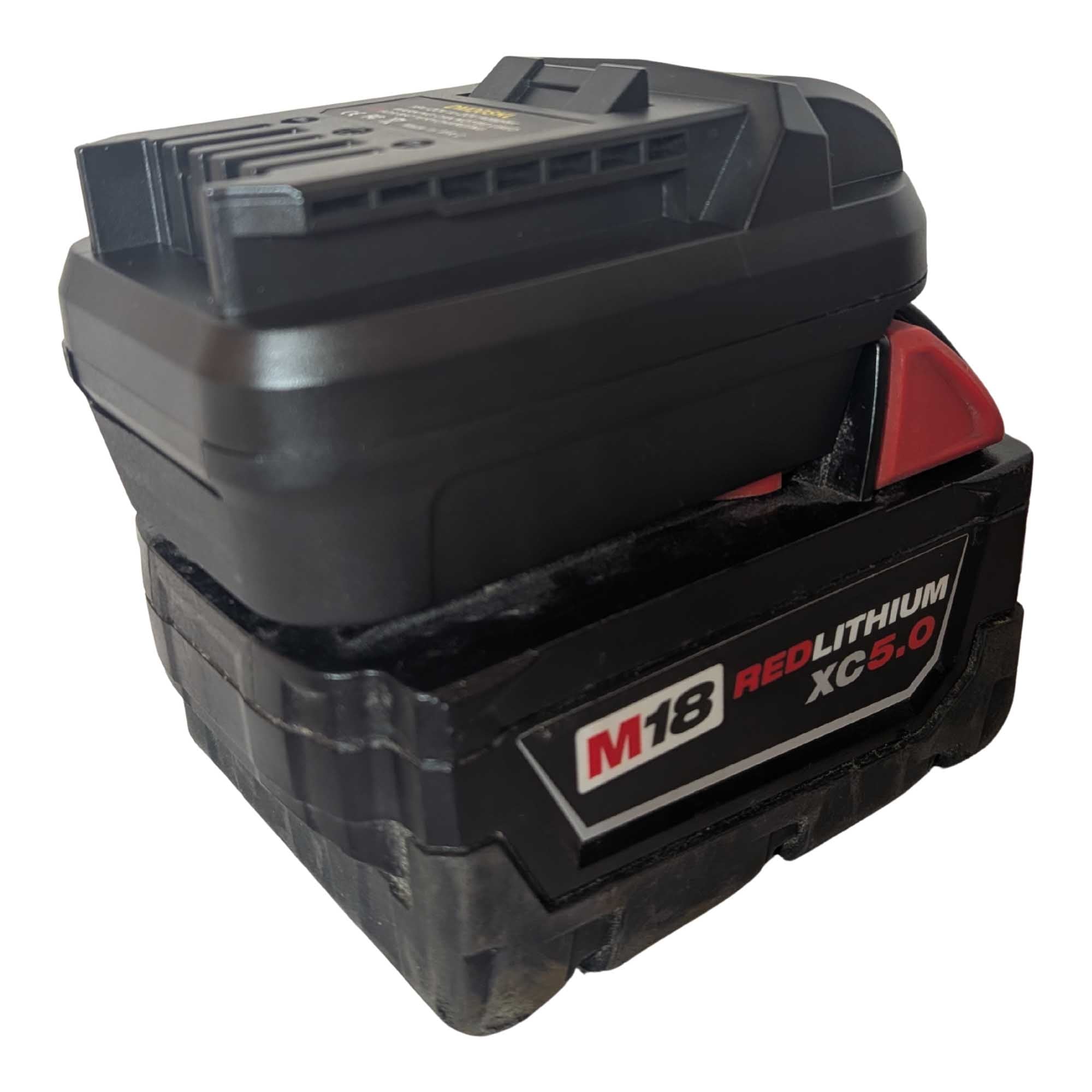 Milwaukee M18 to SKIL 20V PWR CORE battery adapter - fitted to the Milwaukee M18 battery, tool-side rails upward