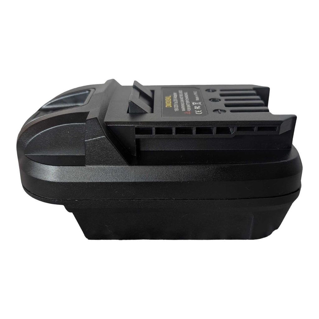 Milwaukee M18 to SKIL 20V PWR CORE battery adapter - side view showing both connections, slots along the SKIL tool-side rail