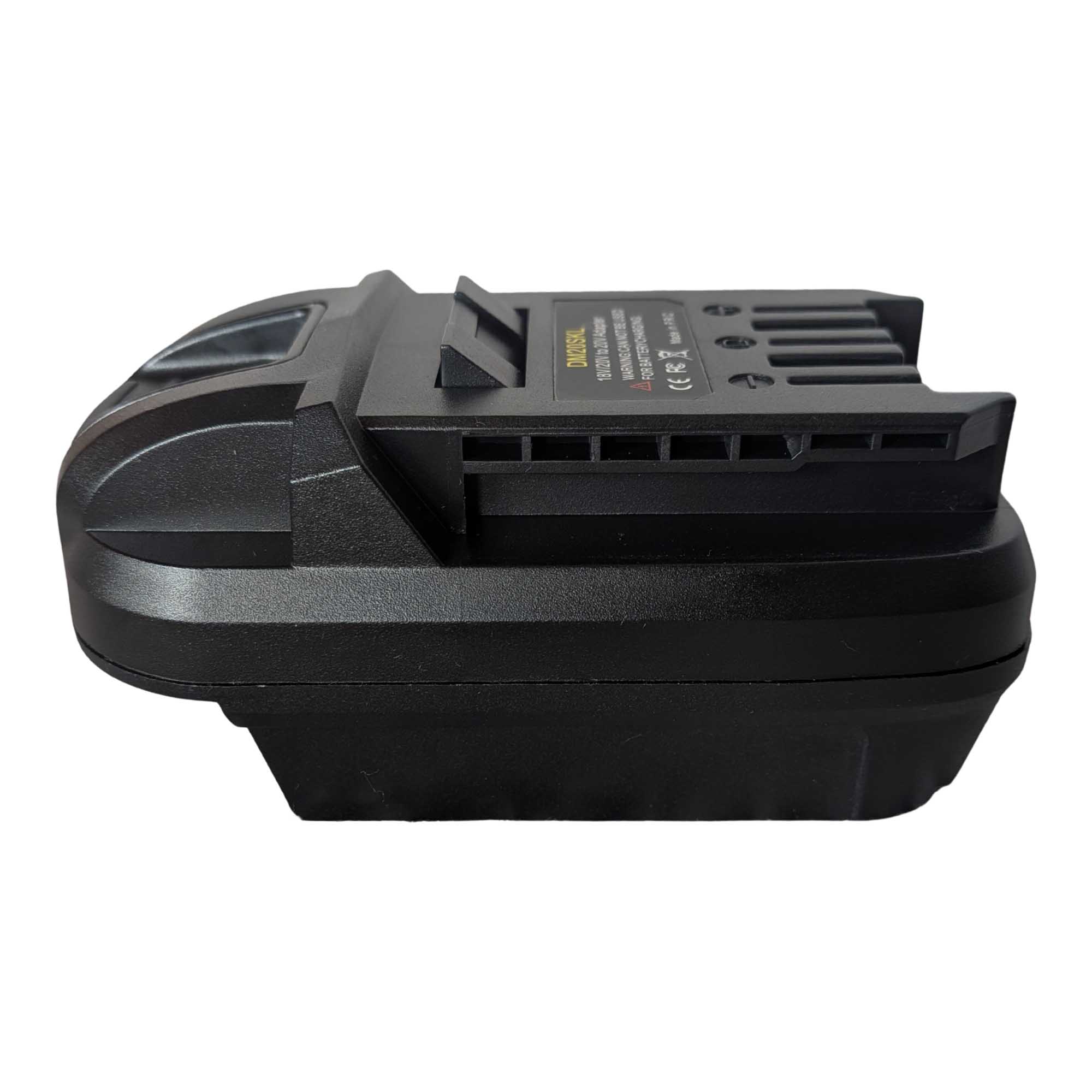 Milwaukee M18 to SKIL 20V PWR CORE battery adapter - side view showing both connections, slots along the SKIL tool-side rail