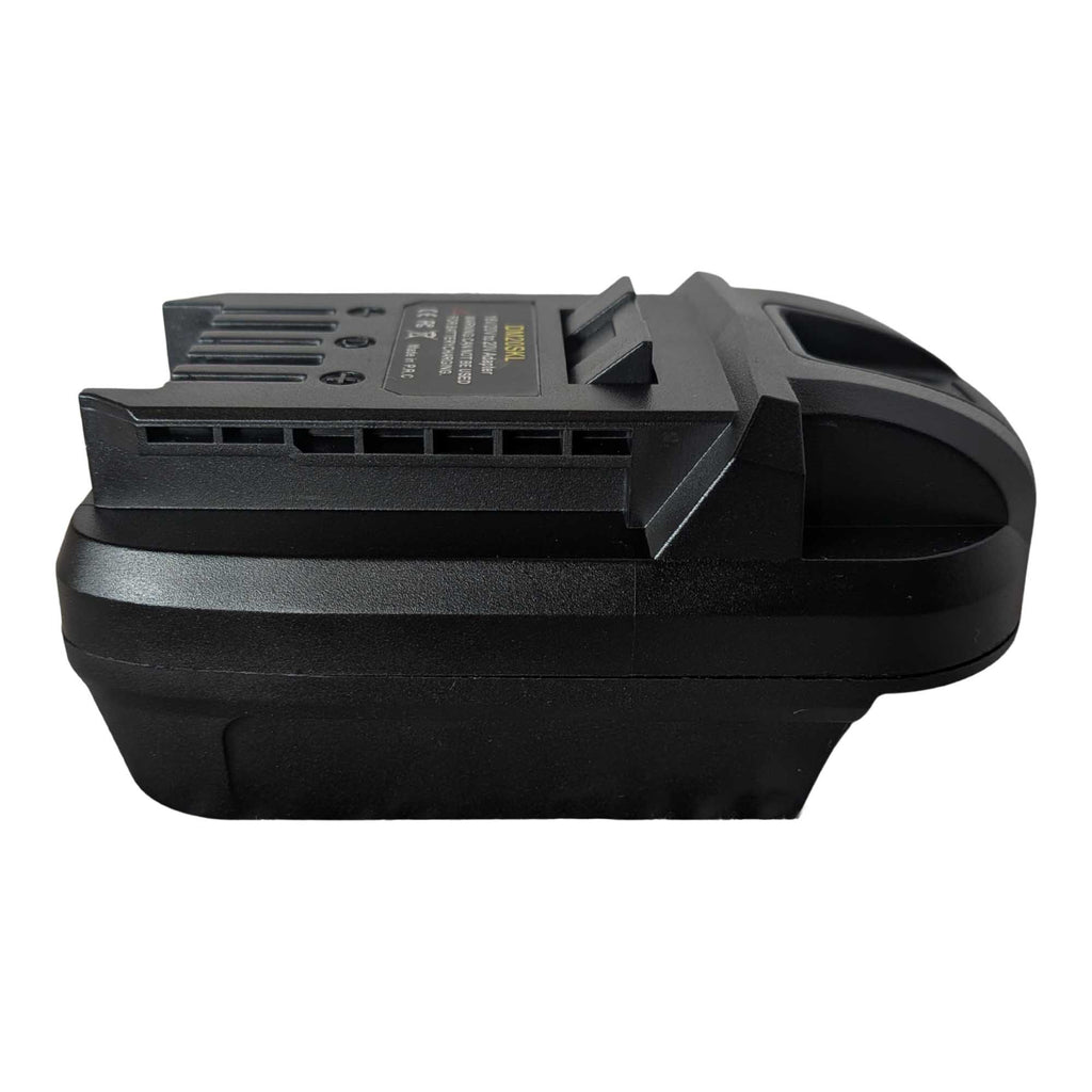 Milwaukee M18 to SKIL 20V PWR CORE battery adapter - side view showing both connections, slots along the SKIL tool-side rail