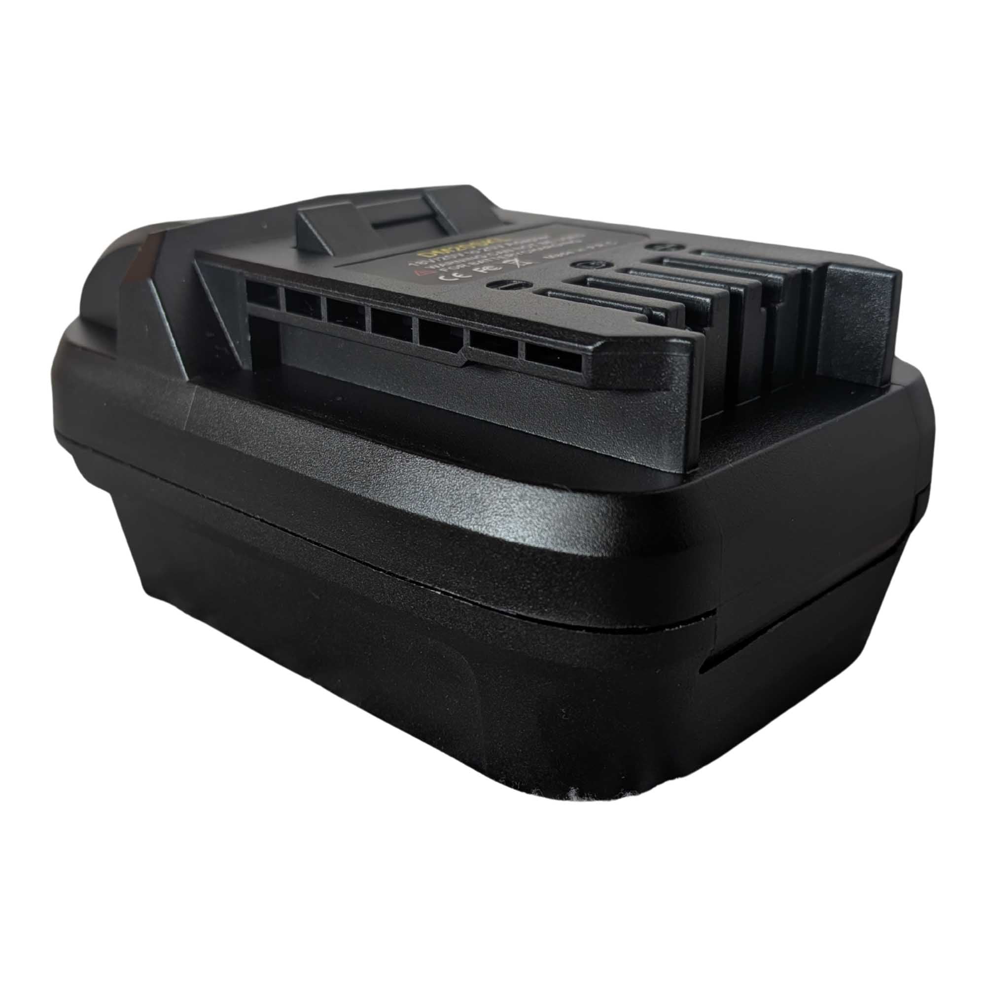 Milwaukee M18 to SKIL 20V PWR CORE battery adapter - SKIL tool-side connection at the near end, raised fins beside the slots