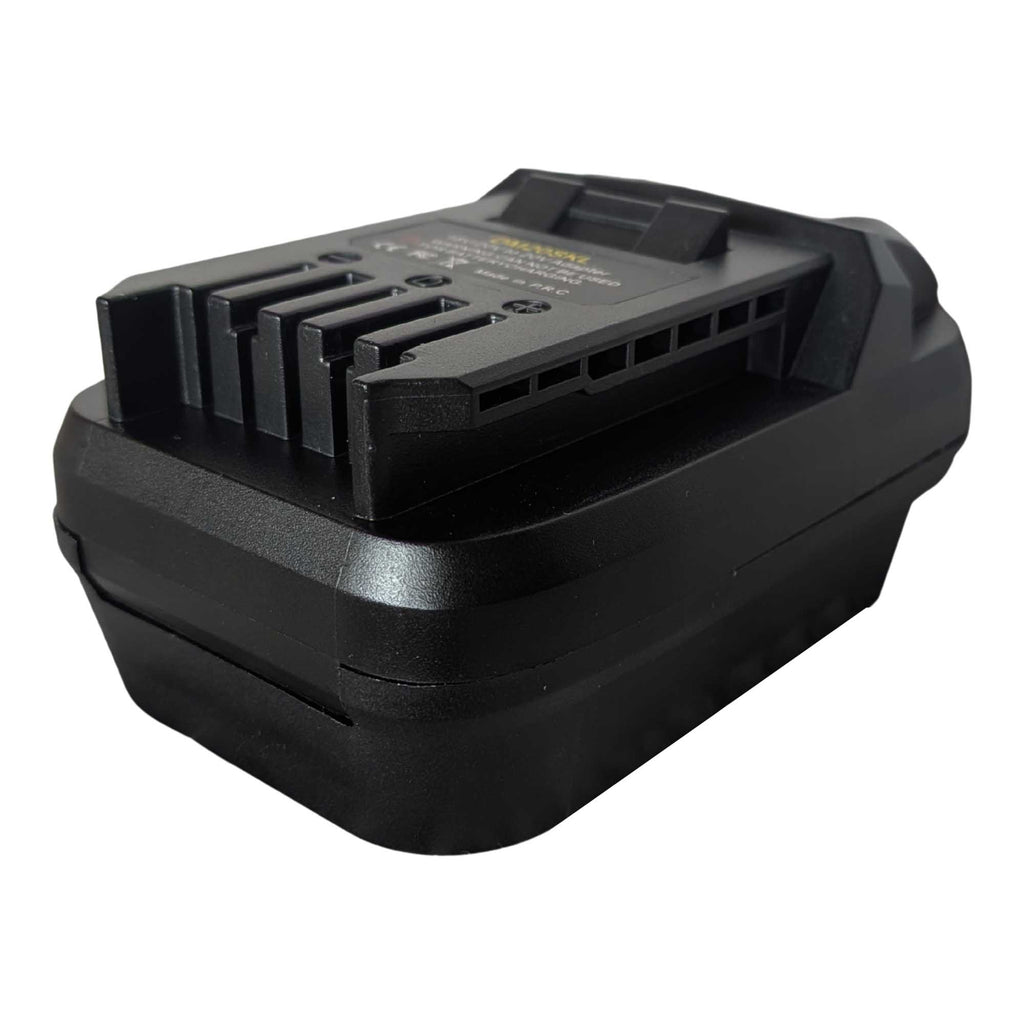 Milwaukee M18 to SKIL 20V PWR CORE battery adapter - SKIL tool-side connection at the near end, raised fins beside the slots