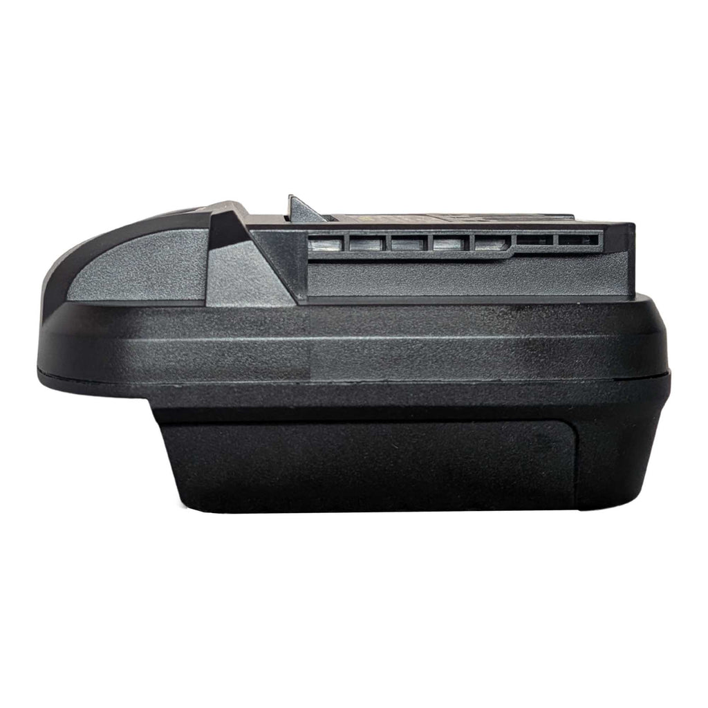 Milwaukee M18 to SKIL 20V PWR CORE battery adapter - side view showing both connections, slots along the SKIL tool-side rail