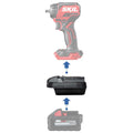 Milwaukee M18 to SKIL 20V PWR CORE battery adapter - compatibility diagram showing battery, adapter and impact wrench