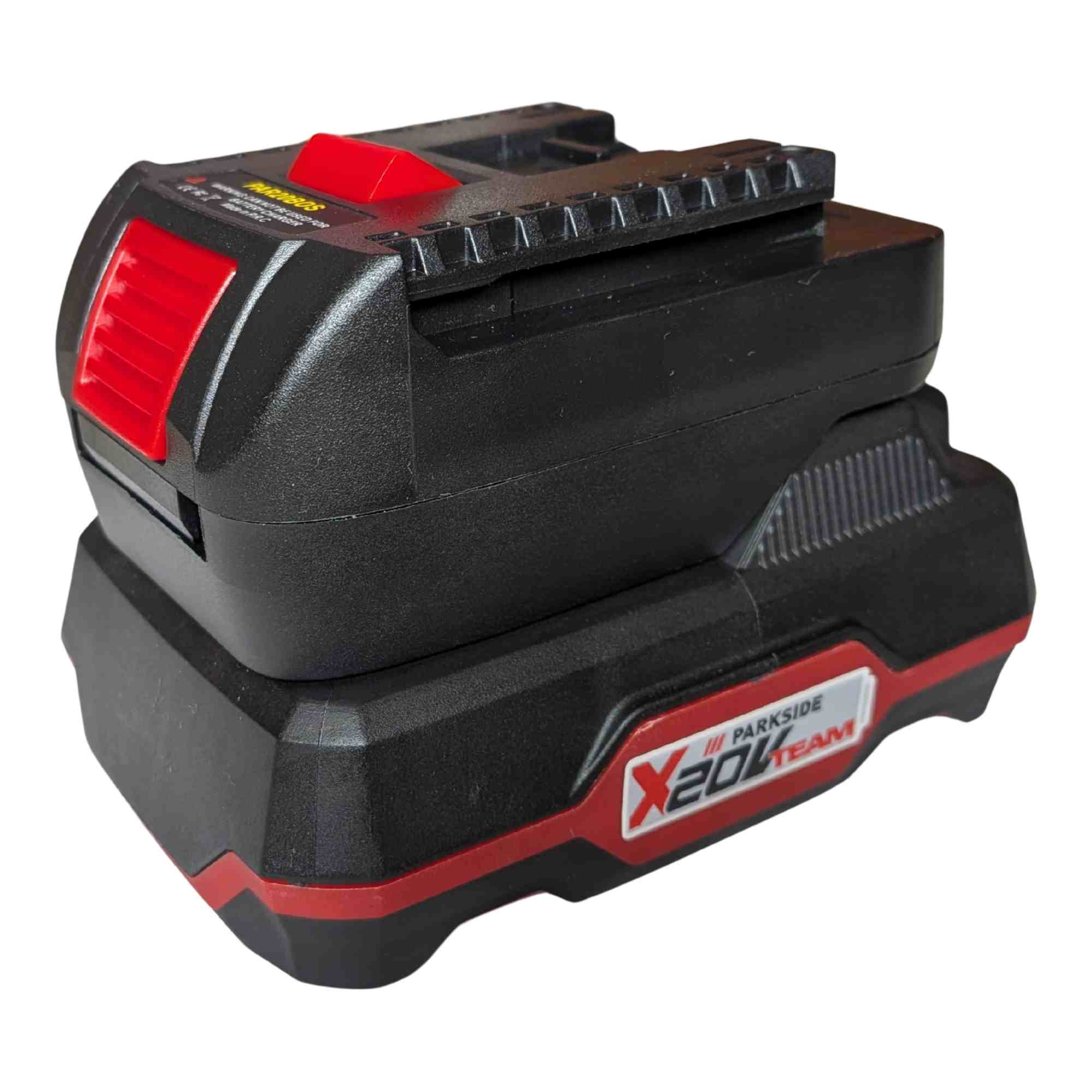 Parkside X20V to Bosch 18V GBA (Blue) battery adapter - fitted to the battery, release catch and printed label in view