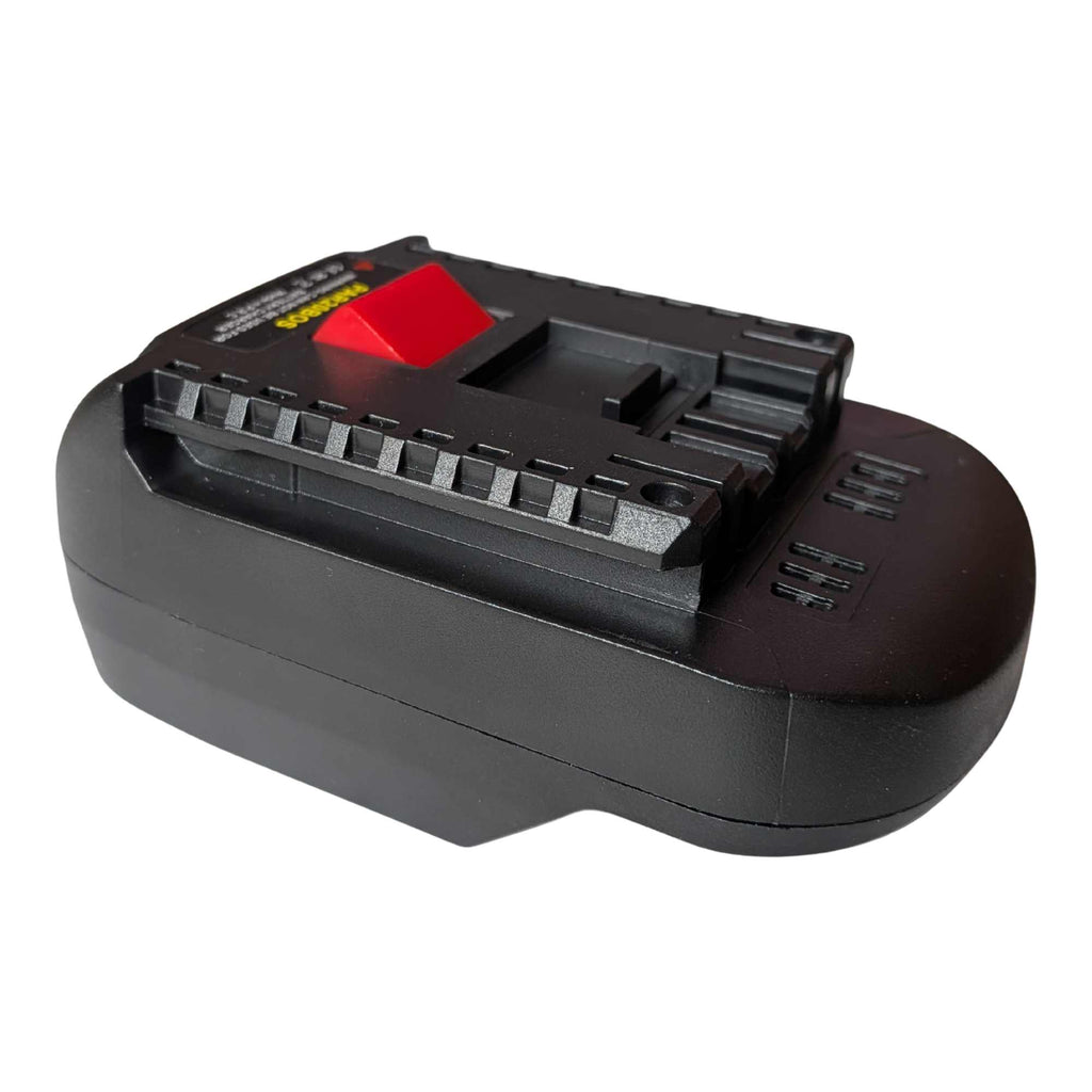 Parkside X20V to Bosch 18V GBA (Blue) battery adapter - Bosch tool-side connection, angled top view with rail