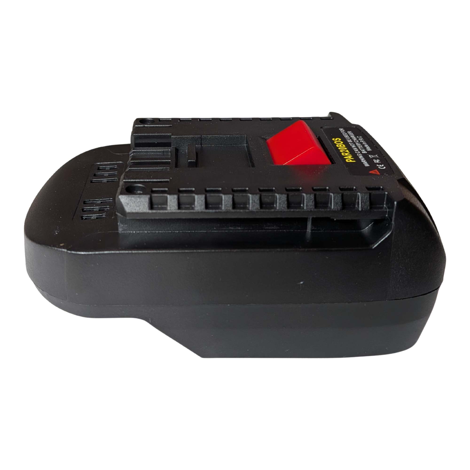 Parkside X20V to Bosch 18V GBA (Blue) battery adapter - side view showing the Bosch tool-side rail