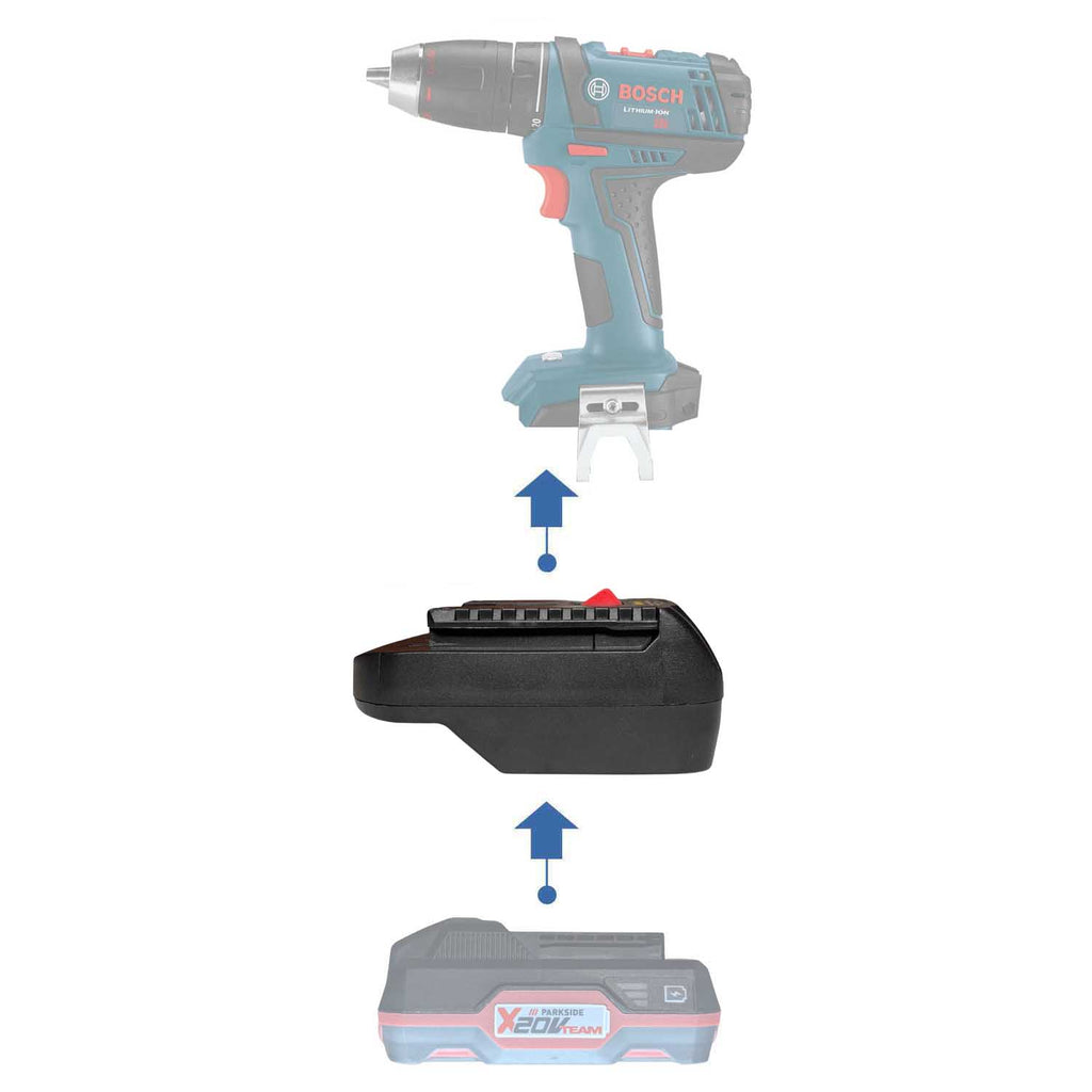Parkside X20V to Bosch 18V GBA (Blue) battery adapter - compatibility diagram showing battery, adapter and drill driver