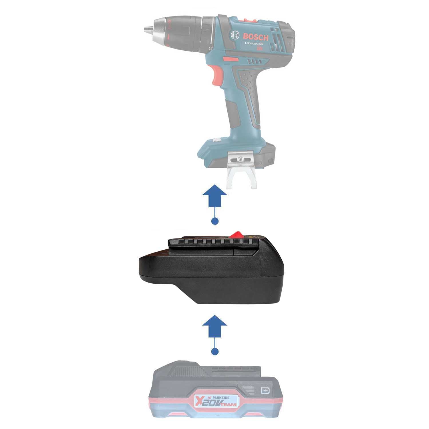 Parkside X20V to Bosch 18V GBA (Blue) battery adapter - compatibility diagram showing battery, adapter and drill driver