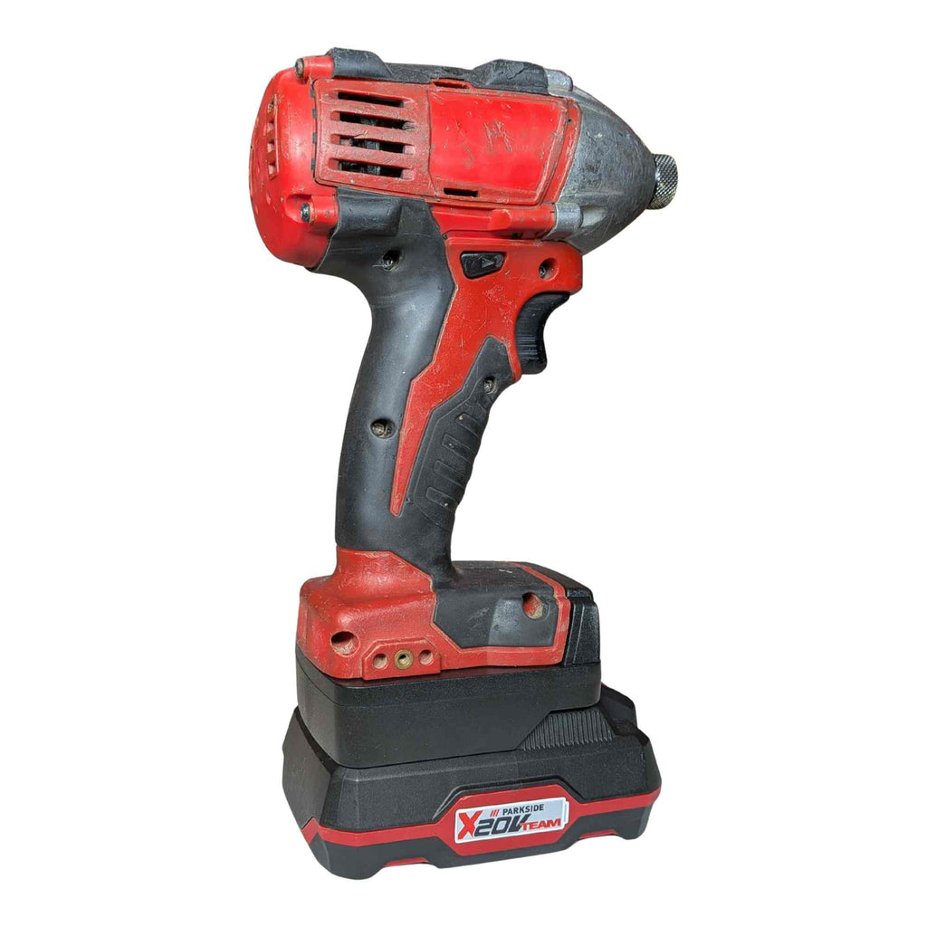 Parkside X20V to Milwaukee M18 battery adapter - installed on an impact driver with the battery pack fitted below - opposite