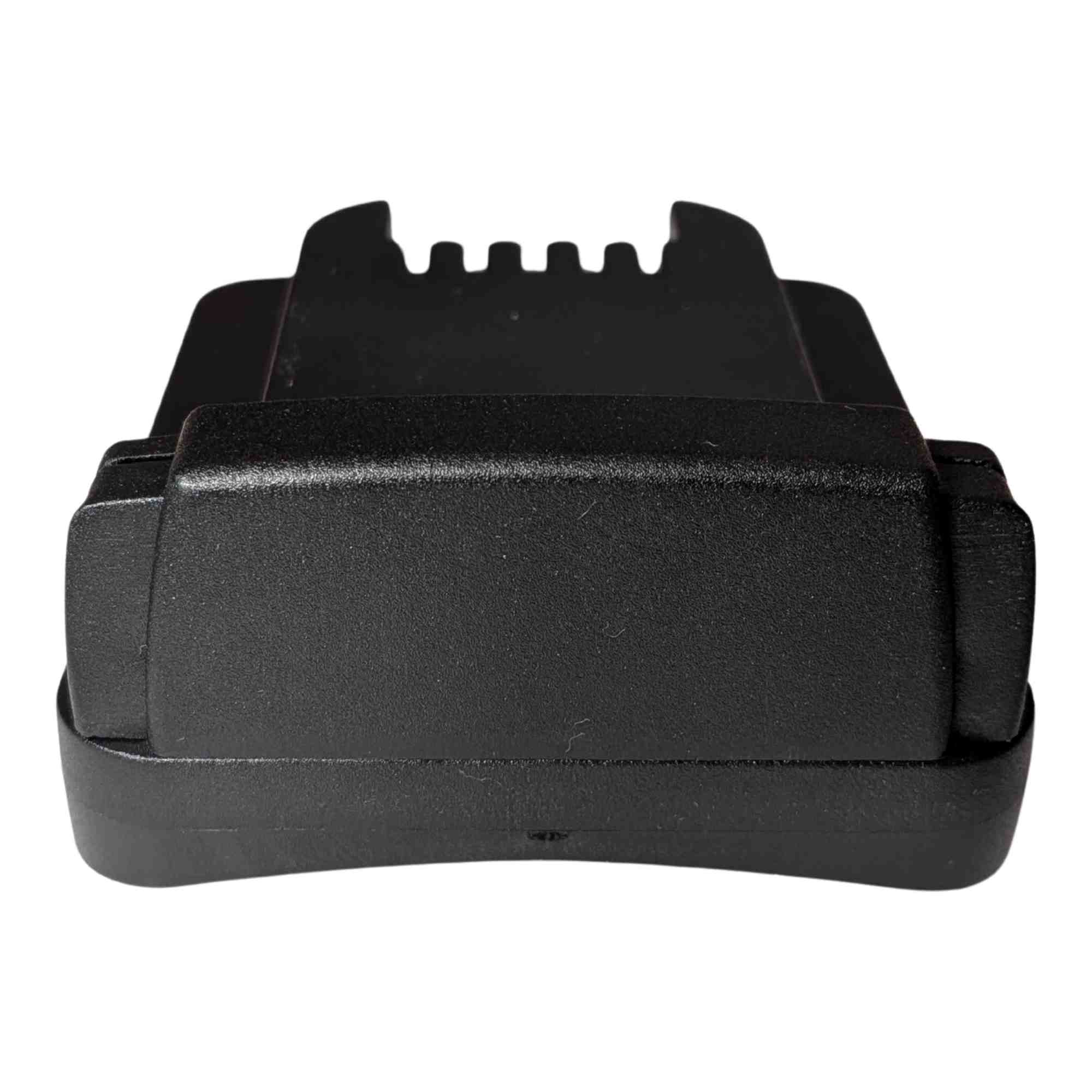 Parkside X20V to Milwaukee M18 battery adapter - front view of the Milwaukee tool-side connection above the molded ABS body