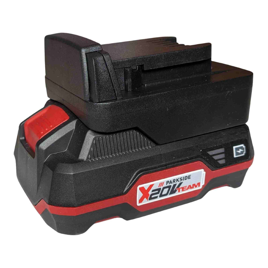 Parkside X20V to Milwaukee M18 battery adapter - fitted to the battery, tool-side terminal block and guide rails upward