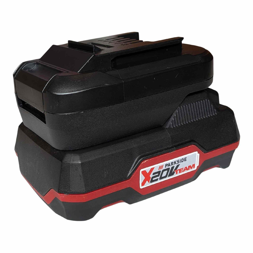 Parkside X20V to Ozito 18V PXC battery adapter - fitted to the Parkside X20V battery, Ozito tool-side connection upward