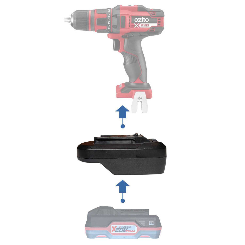 Parkside X20V to Ozito 18V PXC battery adapter - compatibility diagram showing battery, adapter and drill driver