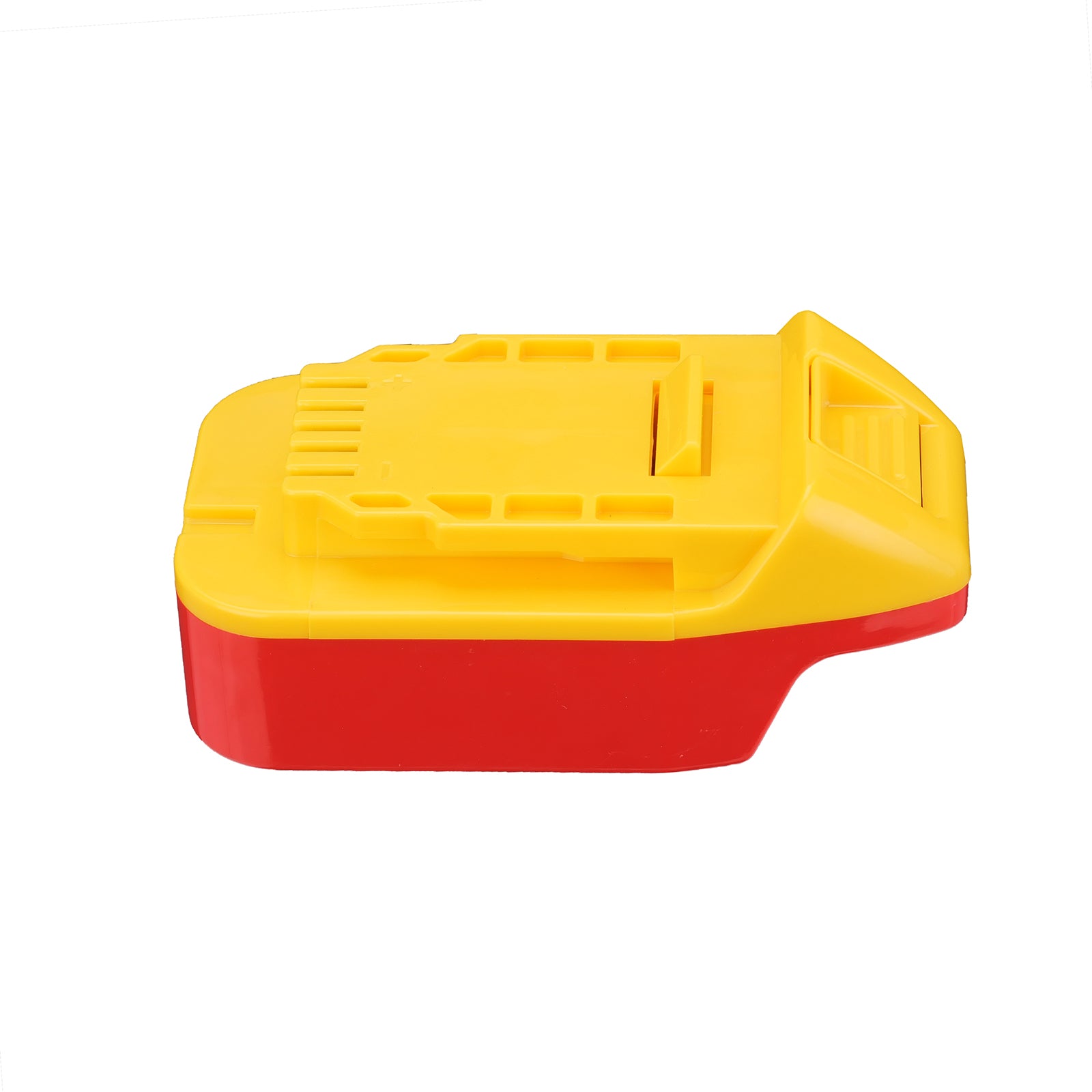 Porter Cable 20V to DeWalt 20V MAX battery adapter - side view, yellow tool side over the red battery-side body
