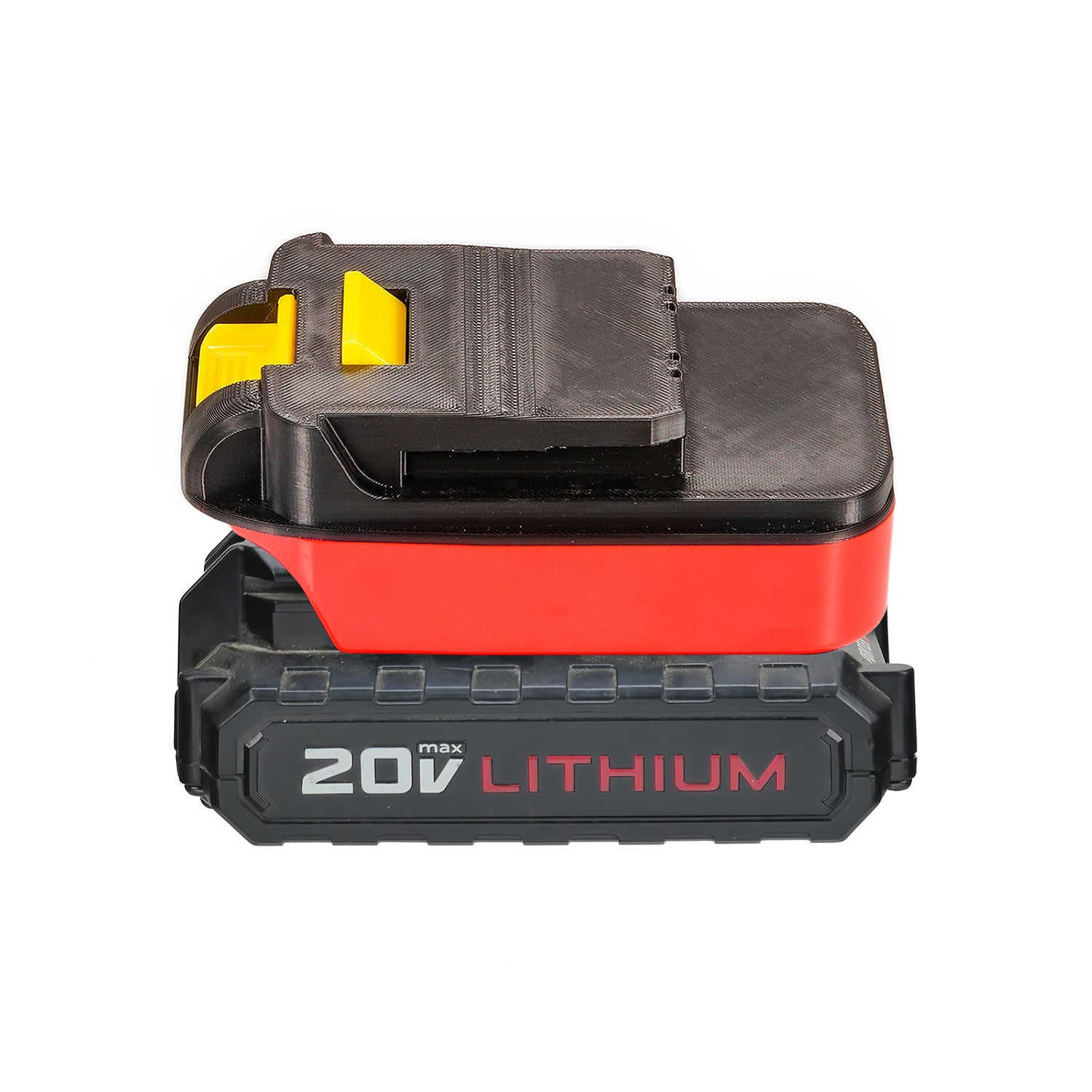 Porter Cable 20V to Chicago Electric 18V battery adapter - seated on an unbranded battery pack, Chicago Electric tool side up