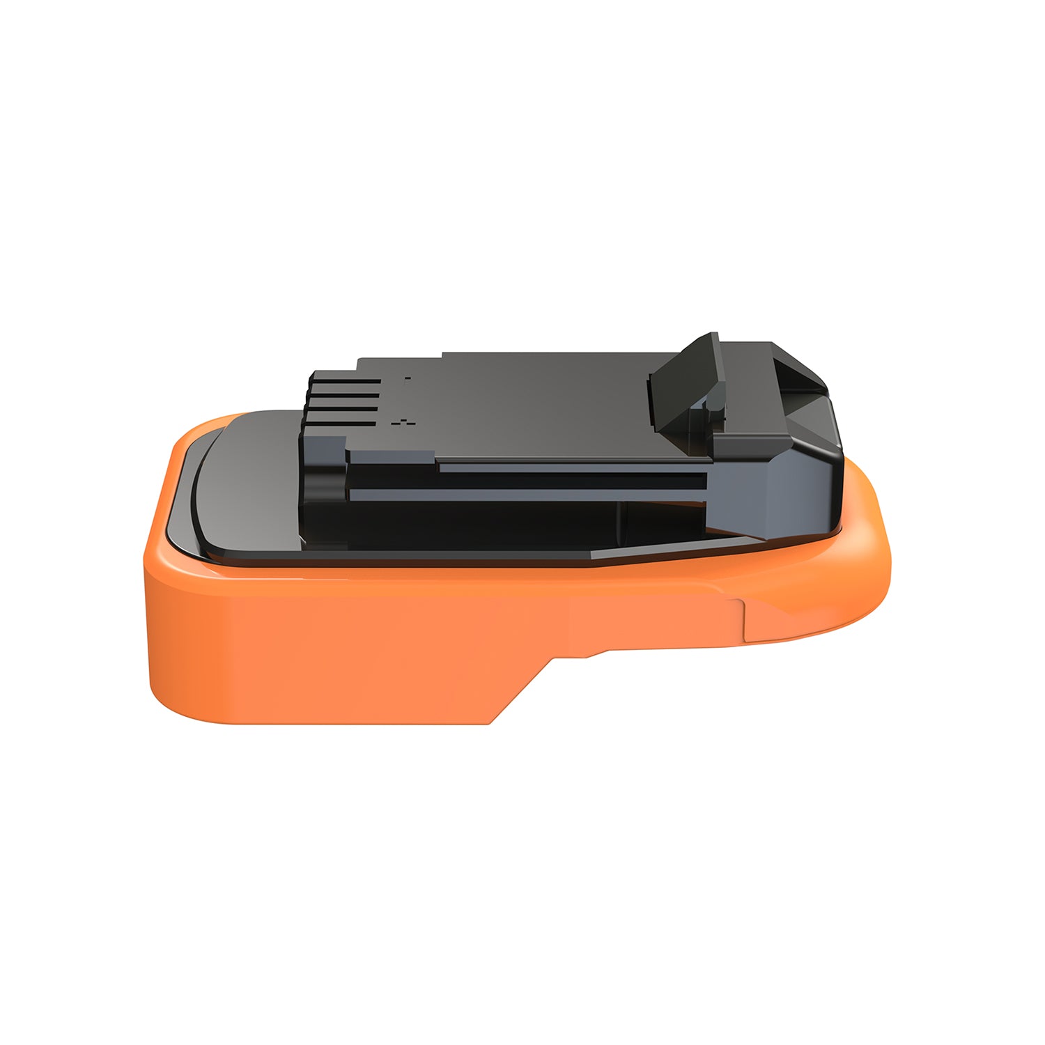 RIDGID 18V to Porter Cable 20V battery adapter - side view, Porter Cable tool side over the orange battery body