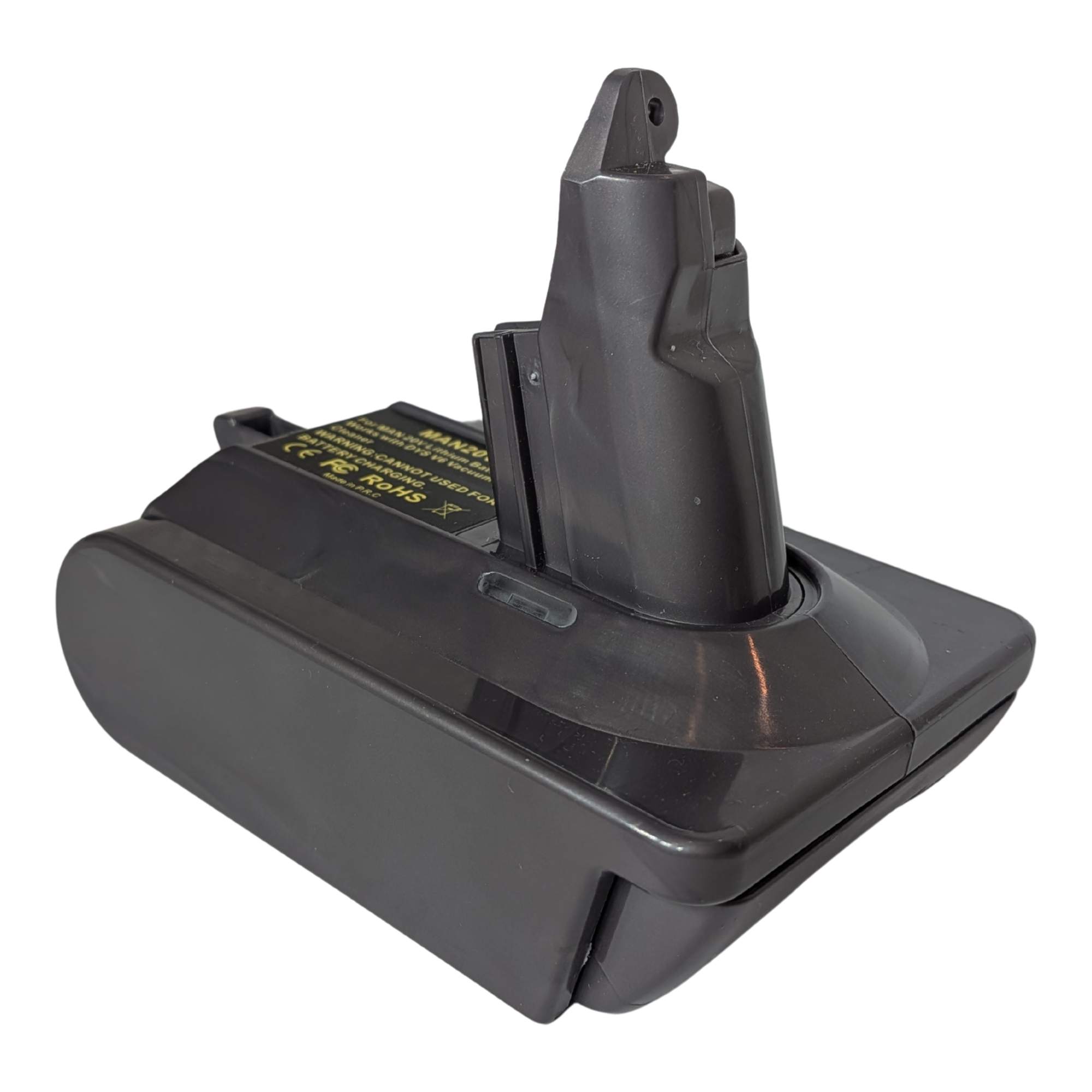 Stanley V20 to Dyson V6 battery adapter - Dyson tool-side stem upright with its hook, warning label on the top face