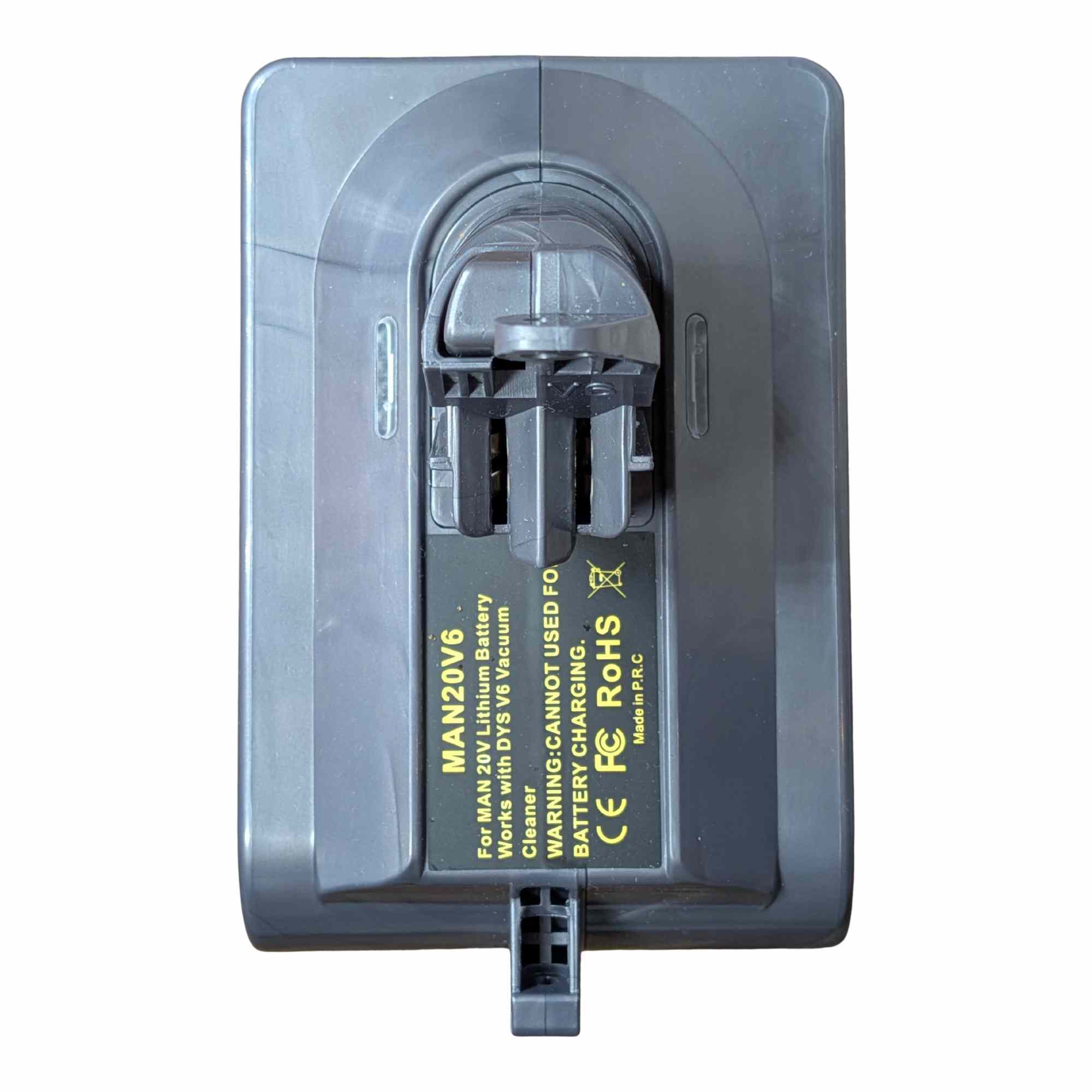 Stanley V20 to Dyson V6 battery adapter - Dyson tool-side connection from above, stem in its collar and the warning label