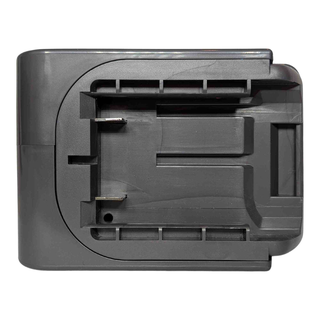 Stanley V20 to Dyson V6 battery adapter - battery-side connection square on, twin copper blades in the ribbed channel
