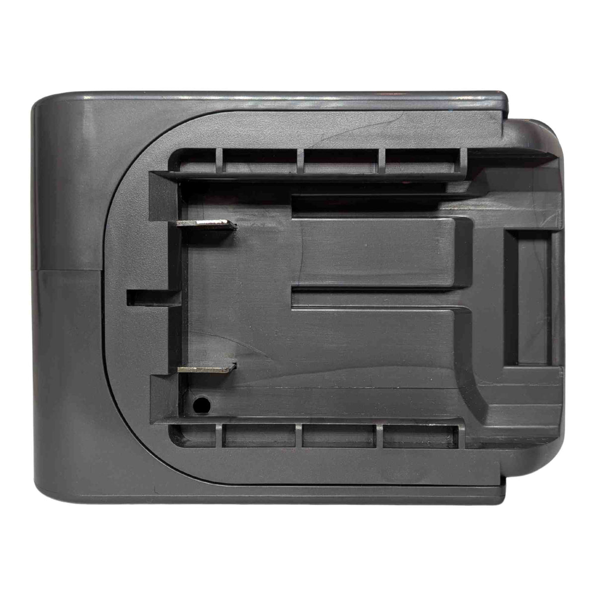 Stanley V20 to Dyson V6 battery adapter - battery-side connection square on, twin copper blades in the ribbed channel