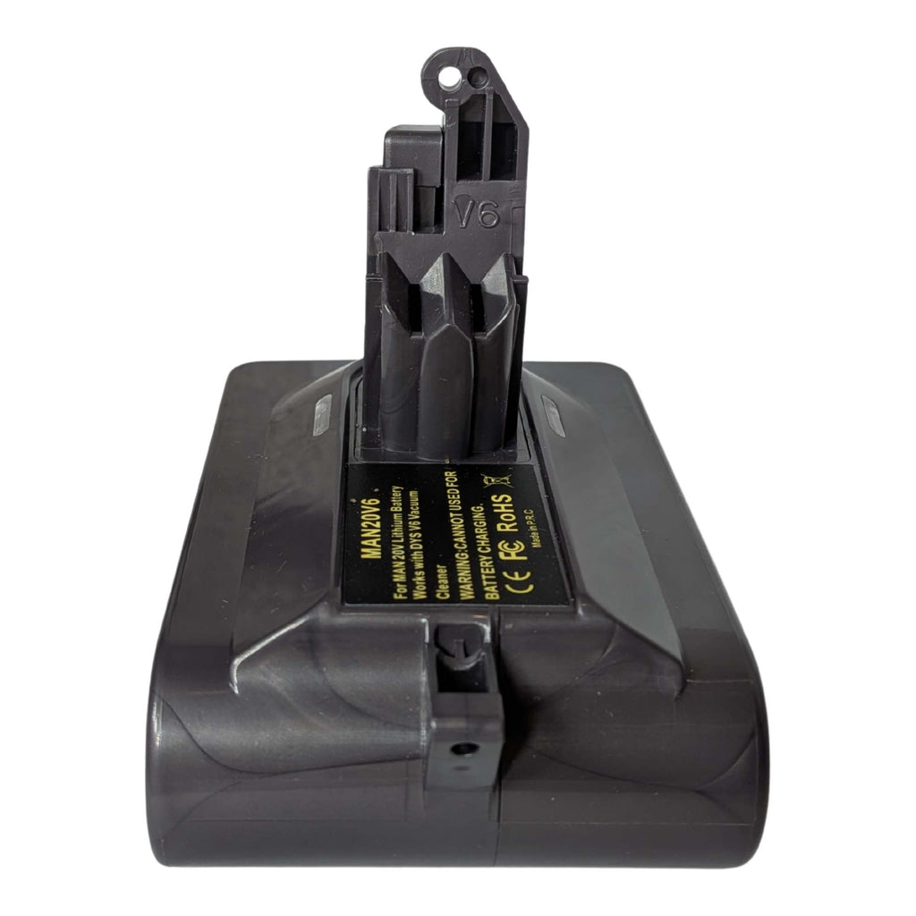 Stanley V20 to Dyson V6 battery adapter - Dyson tool-side stem upright with its hook, warning label on the top face