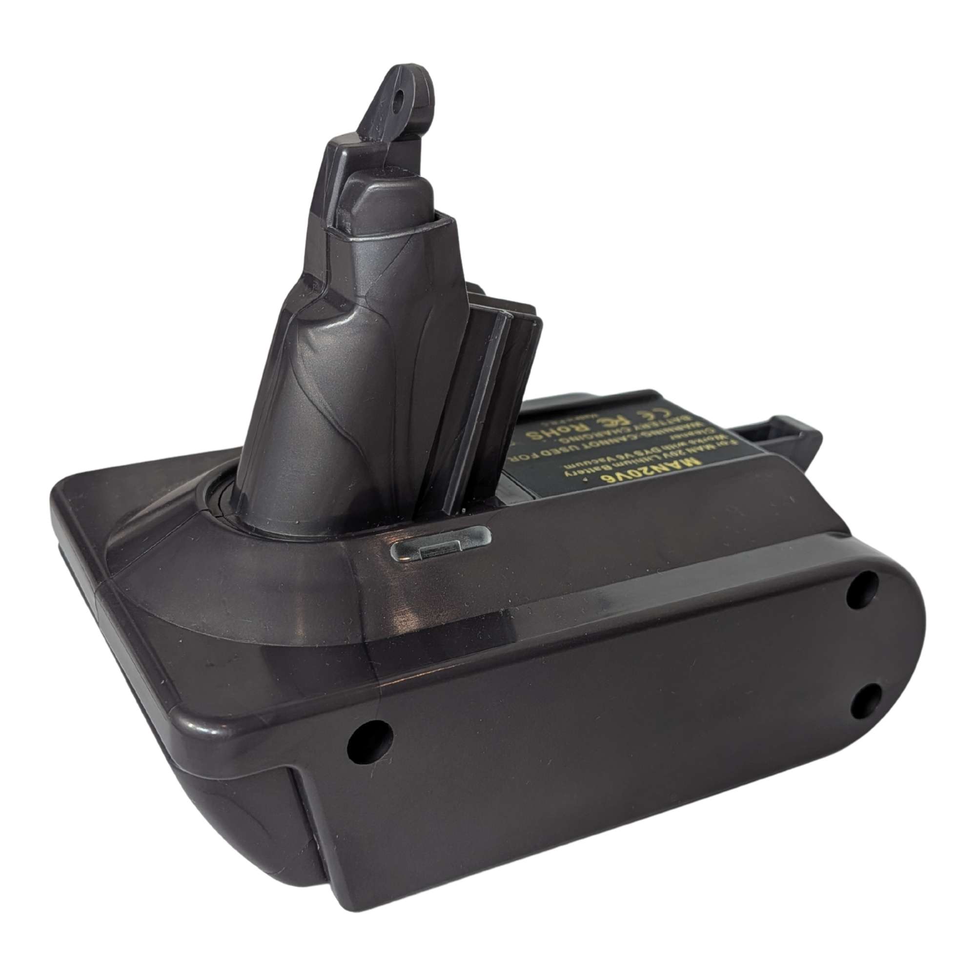 Stanley V20 to Dyson V6 battery adapter - Dyson tool-side stem seen from the rear, warning label and the base screw holes