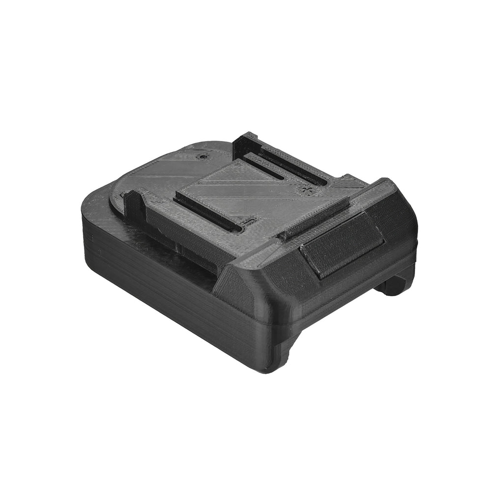 Stanley V20 to Makita 18V LXT battery adapter - three-quarter view, Makita tool-side guide rails and terminal comb uppermost