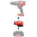 Warrior 18V to Bauer 20V battery adapter - compatibility diagram showing battery, adapter and drill