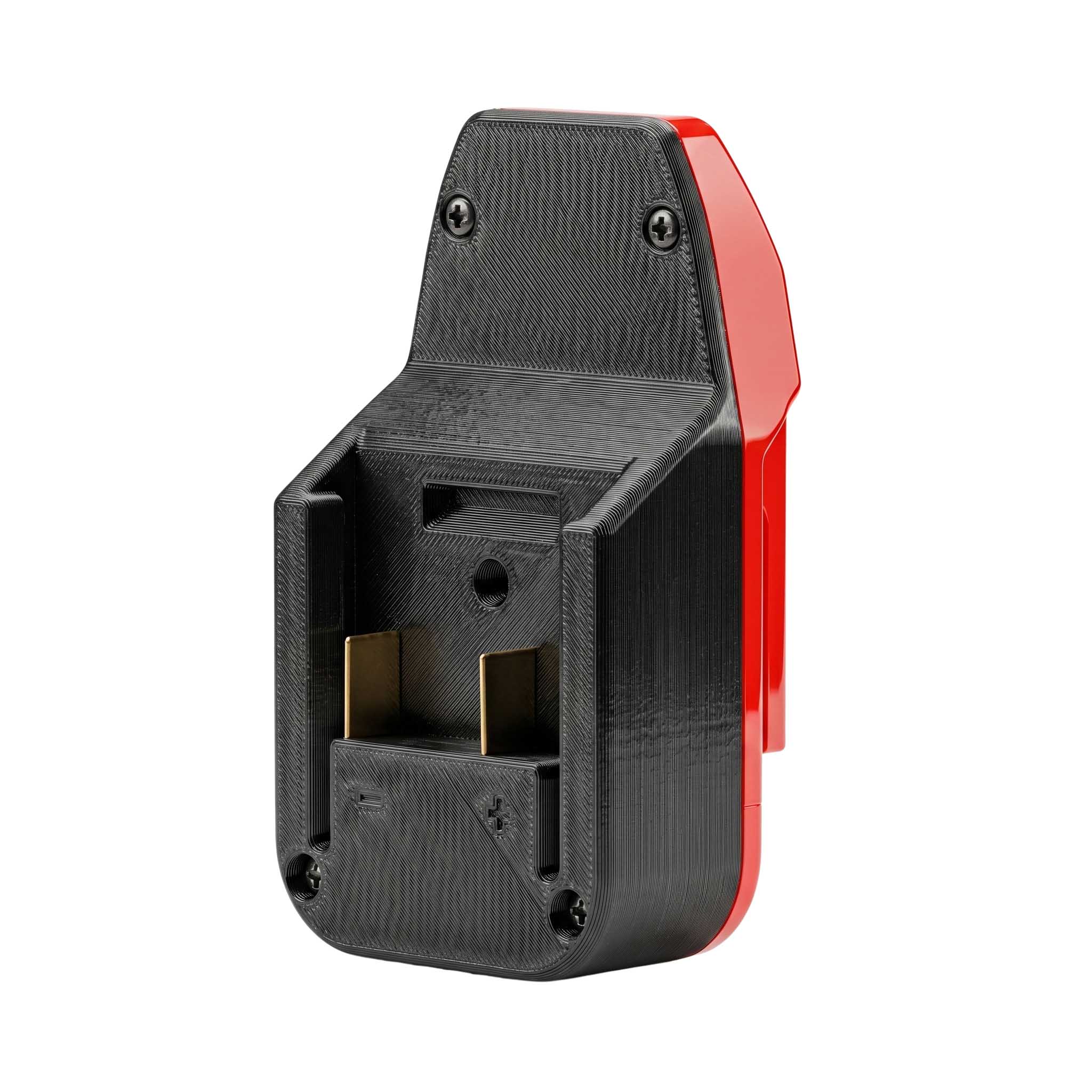 Warrior 18V to Bauer 20V battery adapter - battery-side connection with twin copper terminal blades and polarity marks