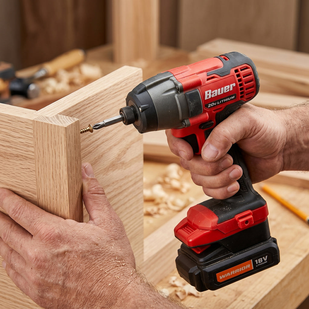 Warrior 18V to Bauer 20V battery adapter - installed on an impact driver driving a screw, battery fitted below