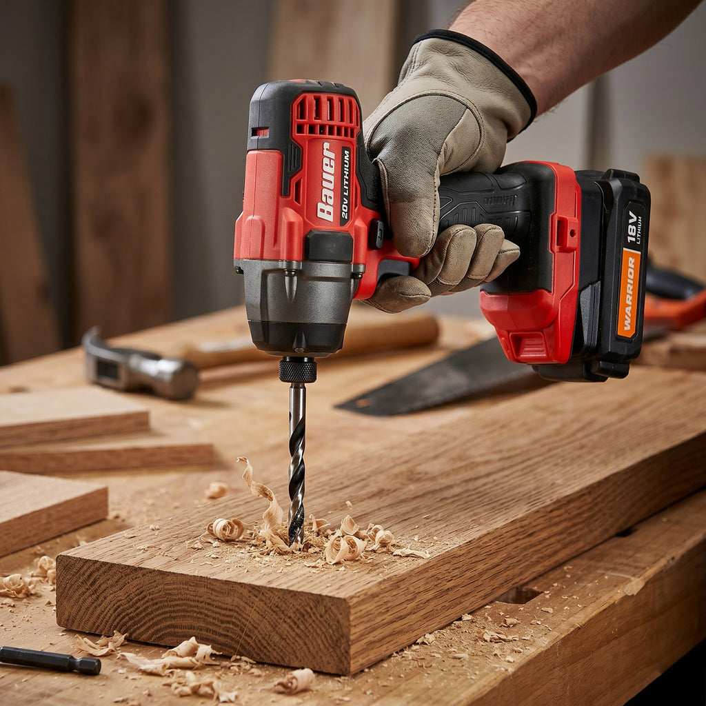 Warrior 18V to Bauer 20V battery adapter - installed on an impact driver boring into a board, battery fitted below