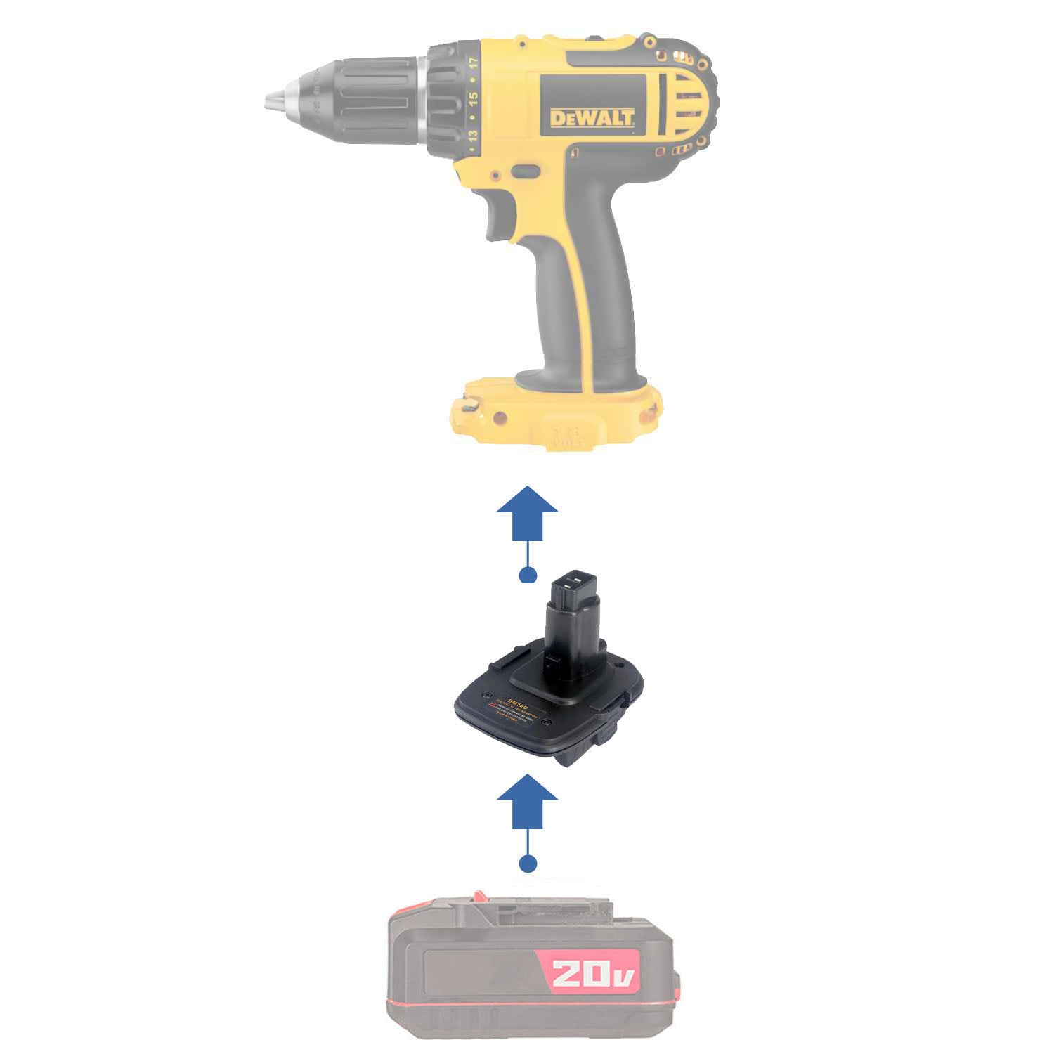 Bauer 20V to DeWalt 18V Ni-Cd battery adapter - compatibility diagram showing battery, adapter and drill driver