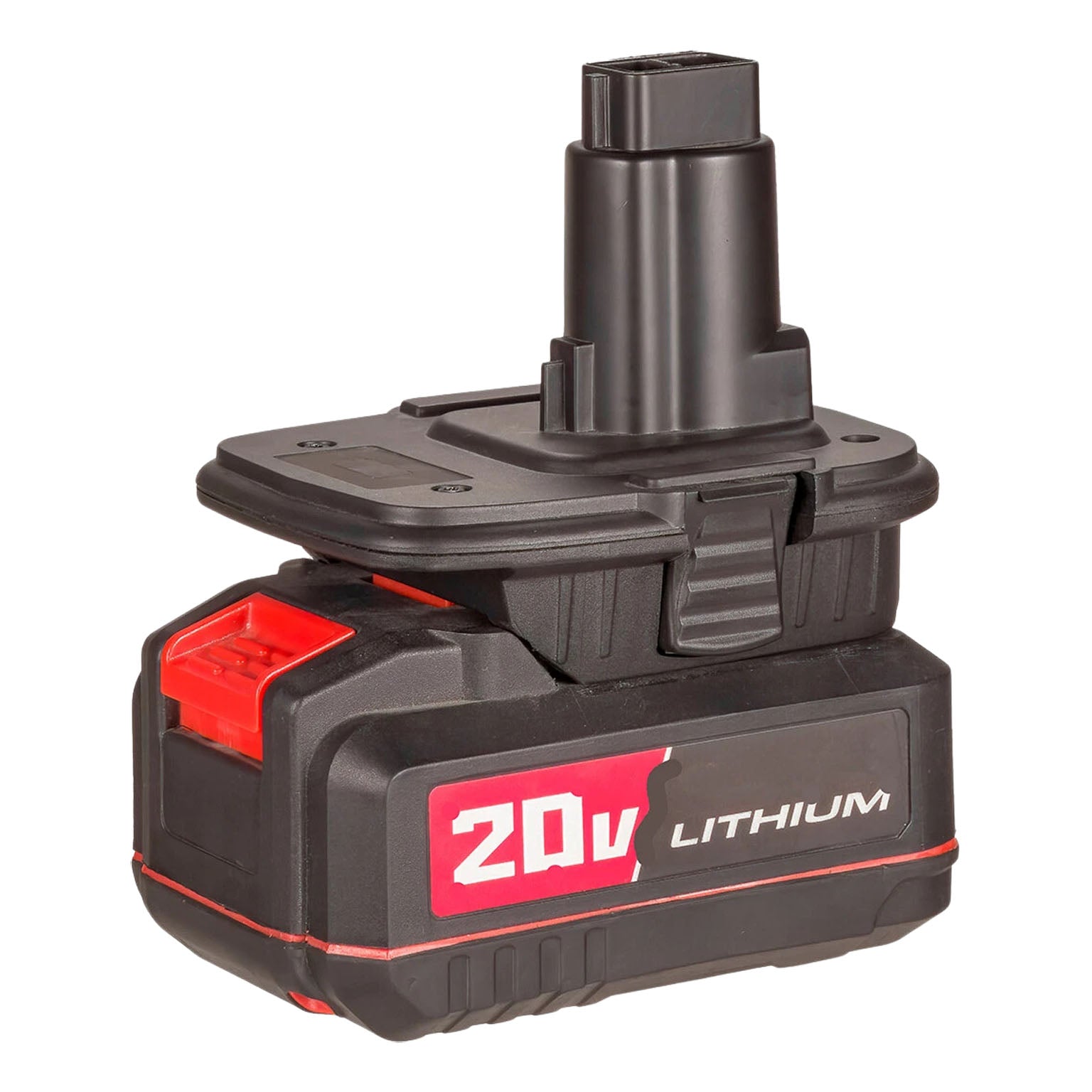 Bauer 20V to DeWalt 18V Ni-Cd battery adapter - DeWalt tool-side post and terminal head, seated on a battery pack