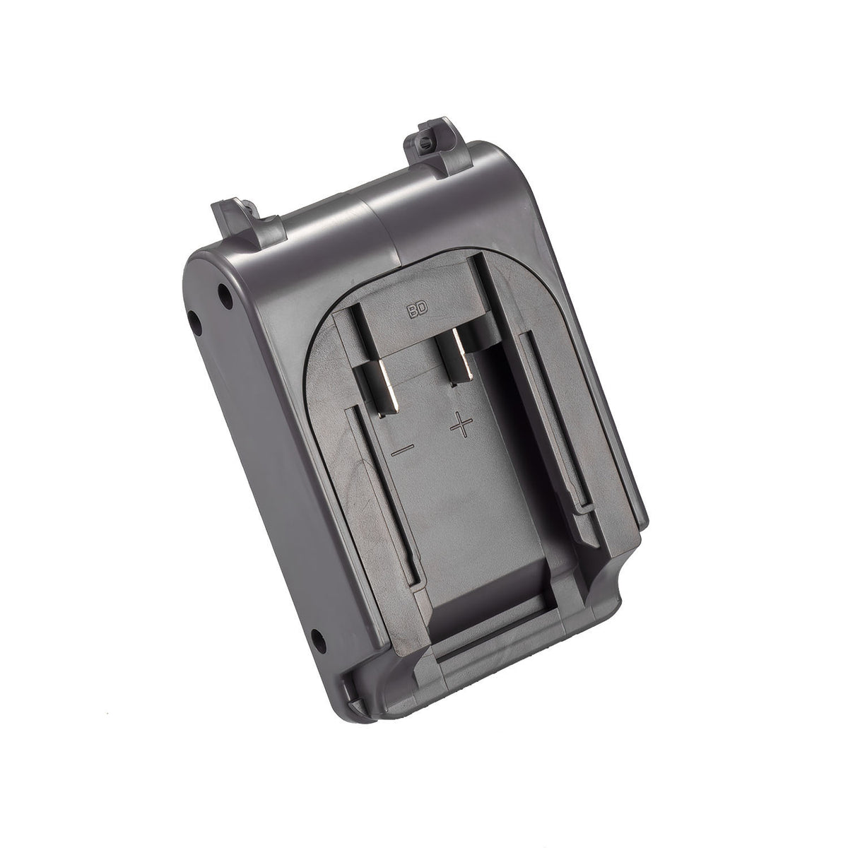 Black and Decker 20V to Dyson V6 battery adapter - battery-side connection, twin copper terminal blades and polarity marks