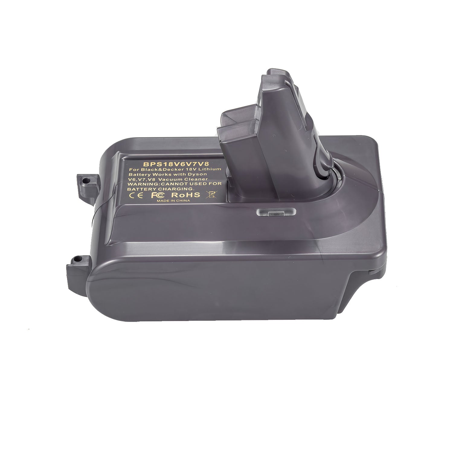 Black and Decker 20V to Dyson V7 battery adapter - Dyson tool-side connection from above, hooked stem and printed spec label