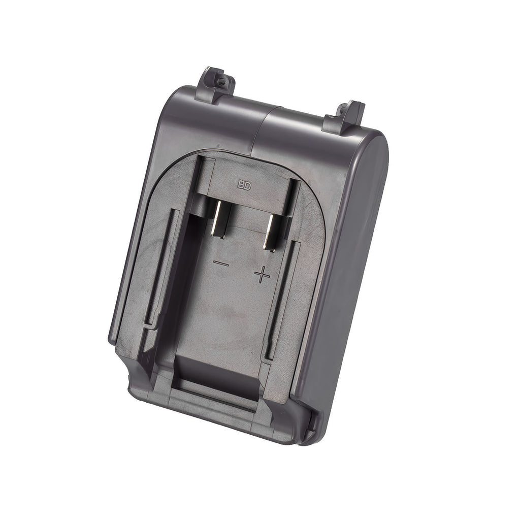 Black and Decker 20V to Dyson V8 battery adapter - battery-side connection, twin copper blades and molded polarity marks