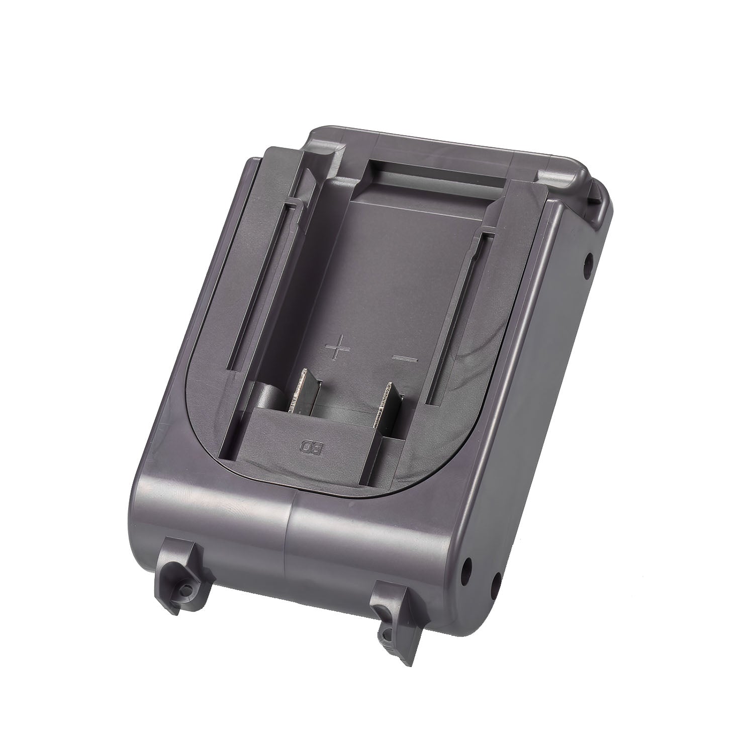 Black and Decker 20V to Dyson V8 battery adapter - battery-side connection, twin copper blades and molded polarity marks