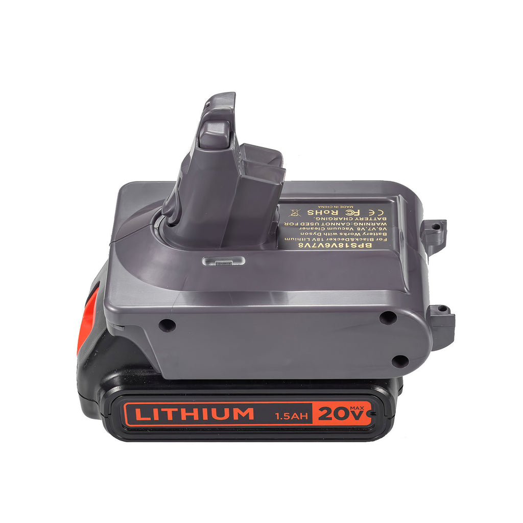 Black and Decker 20V to Dyson V8 battery adapter - fitted to the battery, Dyson tool-side stem upward, printed spec label