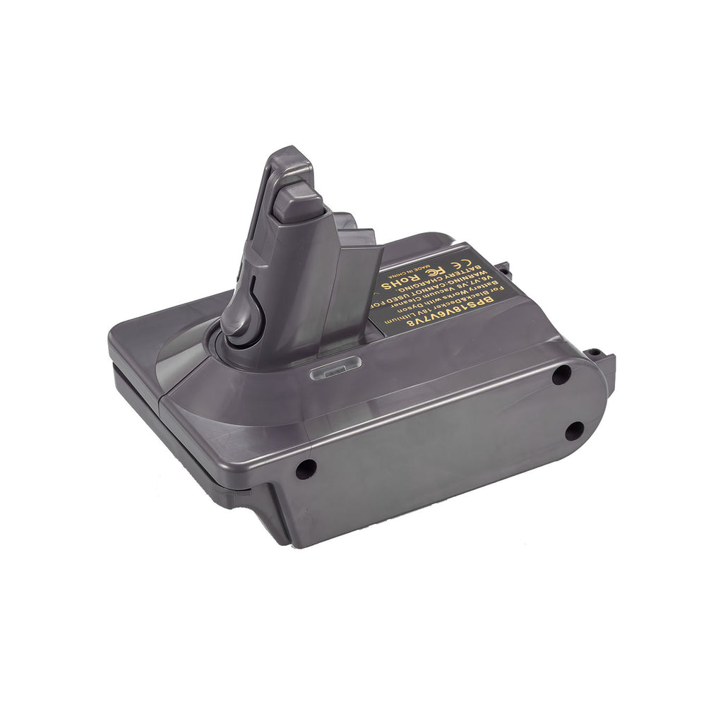Black and Decker 20V to Dyson V8 battery adapter - Dyson tool-side connection, hooked stem and printed spec label