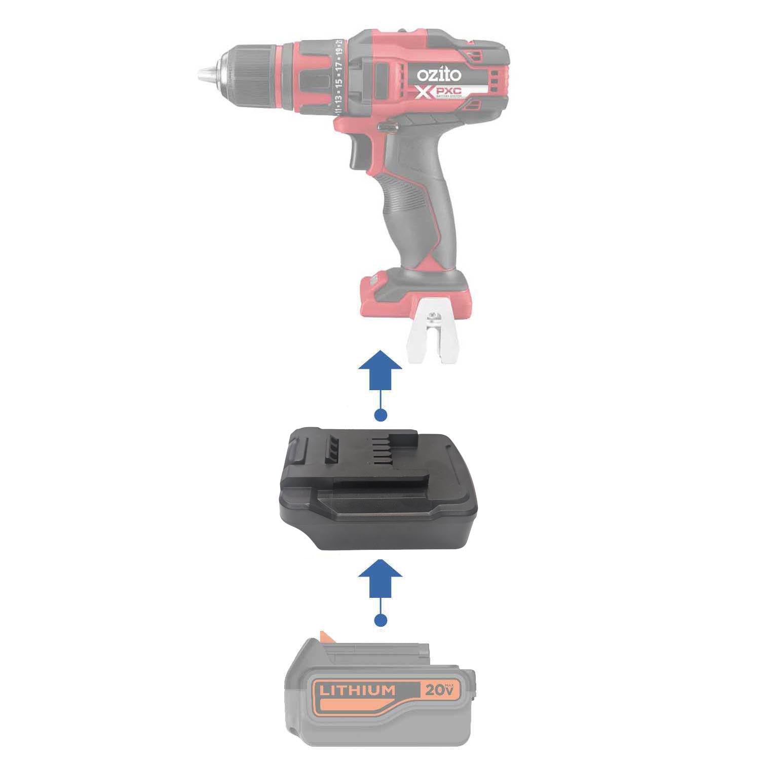 Black and Decker 20V to Ozito 18V PXC battery adapter - compatibility diagram showing battery, adapter and cordless drill