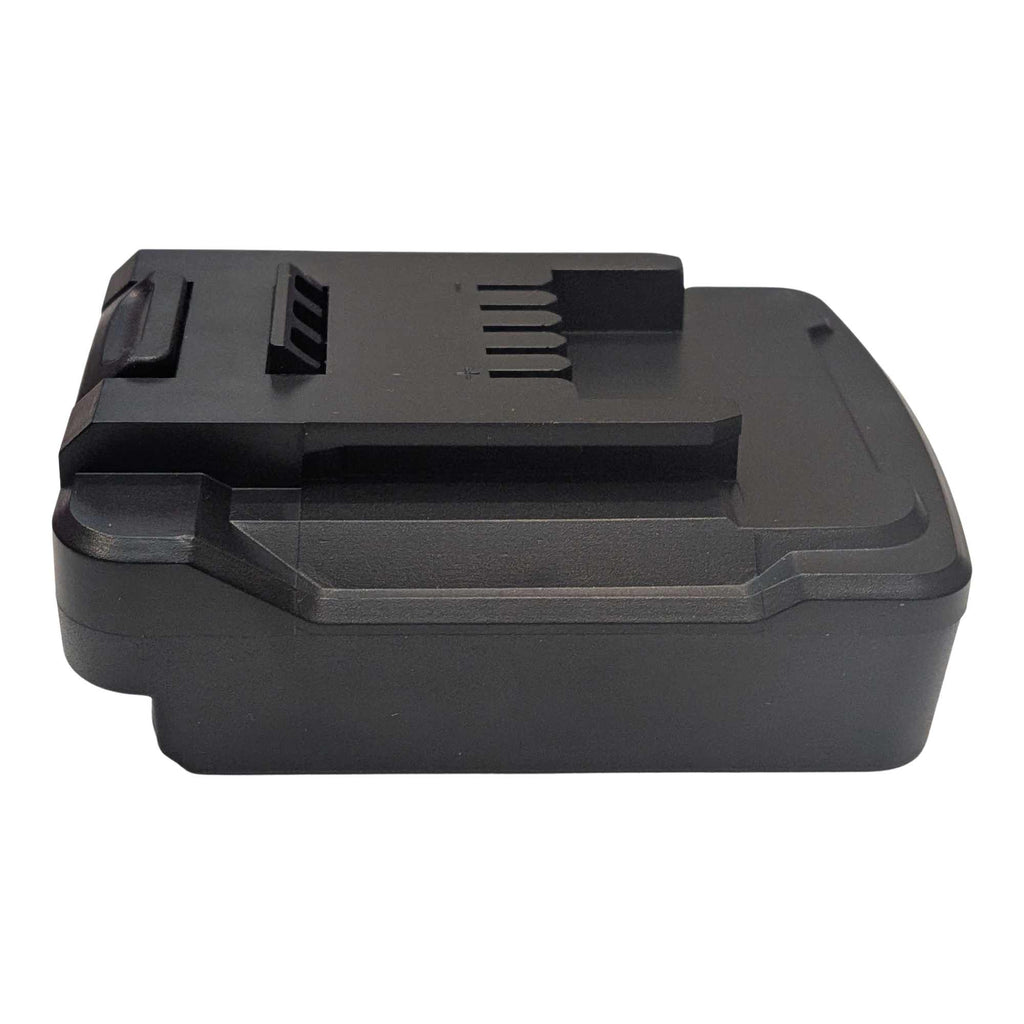 Bosch 18V GBA (Blue) to Ozito 18V PXC battery adapter - side view showing the tool-side plateau, latch button at the left